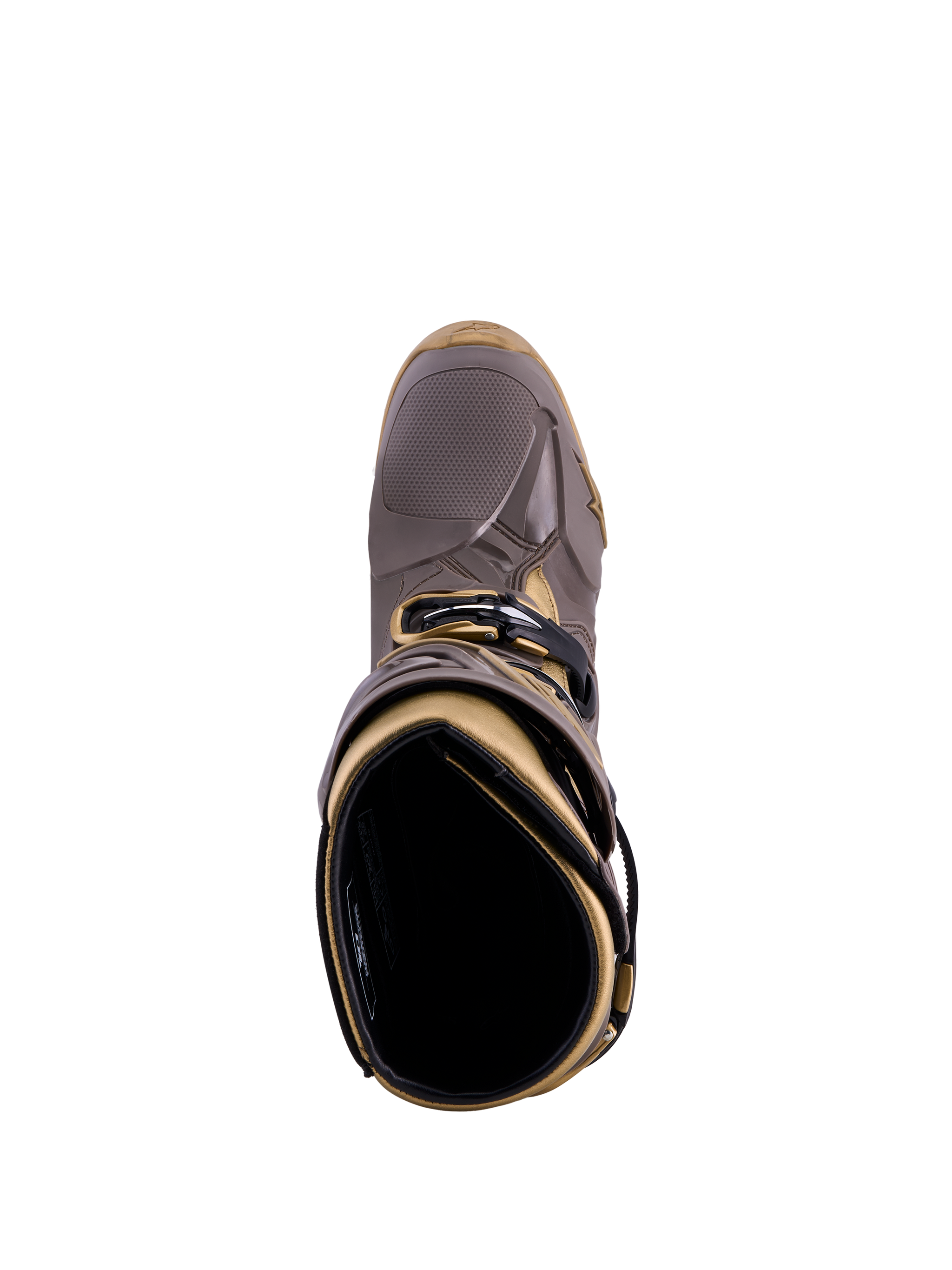 Alpinestars Tech 10 Air Gold-stövlar i Earth Brown Gold, vy uppifrån som visar TPU-skalet och innerfodret.