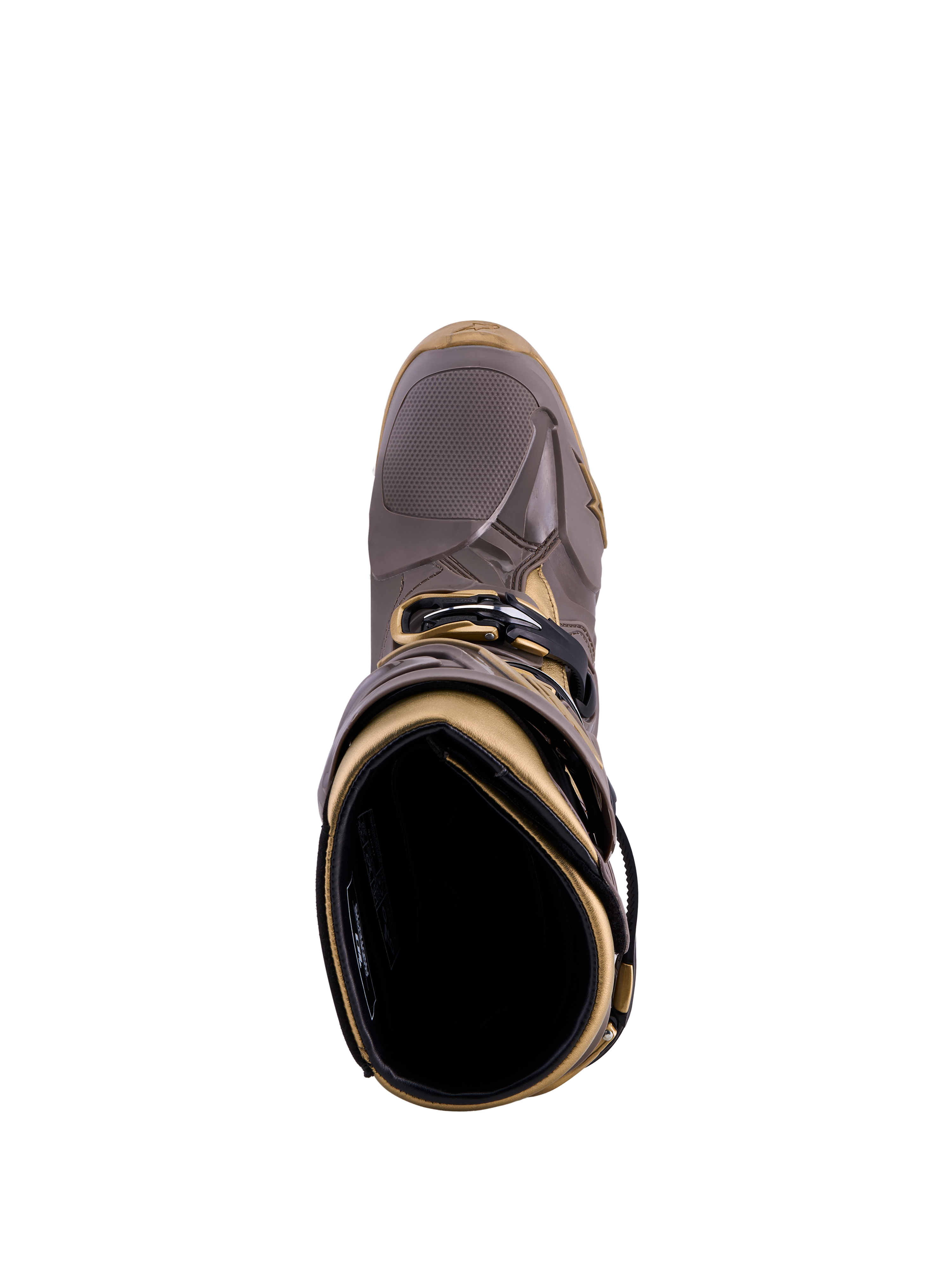 Alpinestars Tech 10 Air Gold-stövlar i Earth Brown Gold, vy uppifrån som visar TPU-skalet och innerfodret.