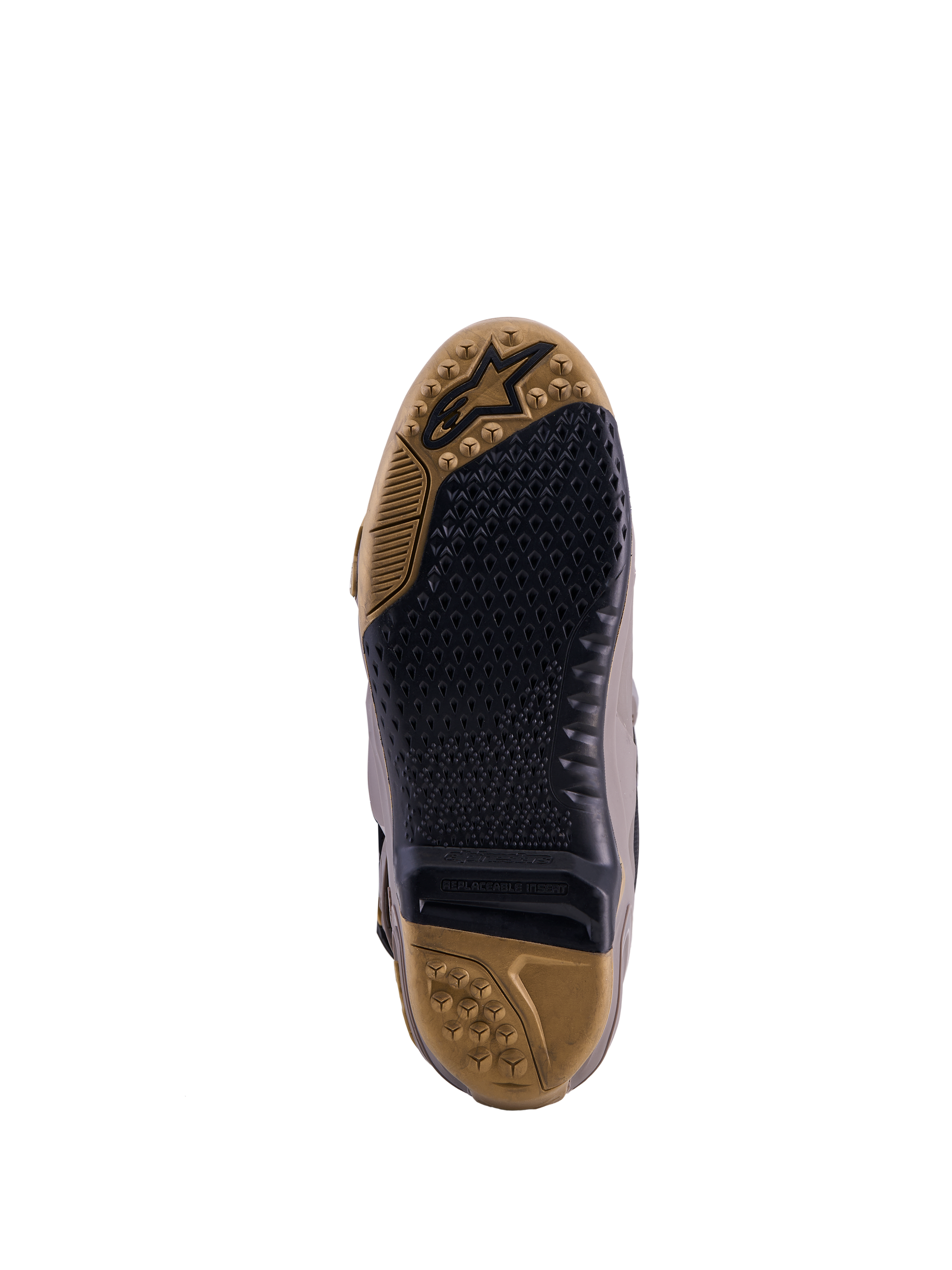 Alpinestars Tech 10 Air Gold-sula, begränsad upplaga, Earth Brown och svart mönstrat grepp med utbytbar insats.