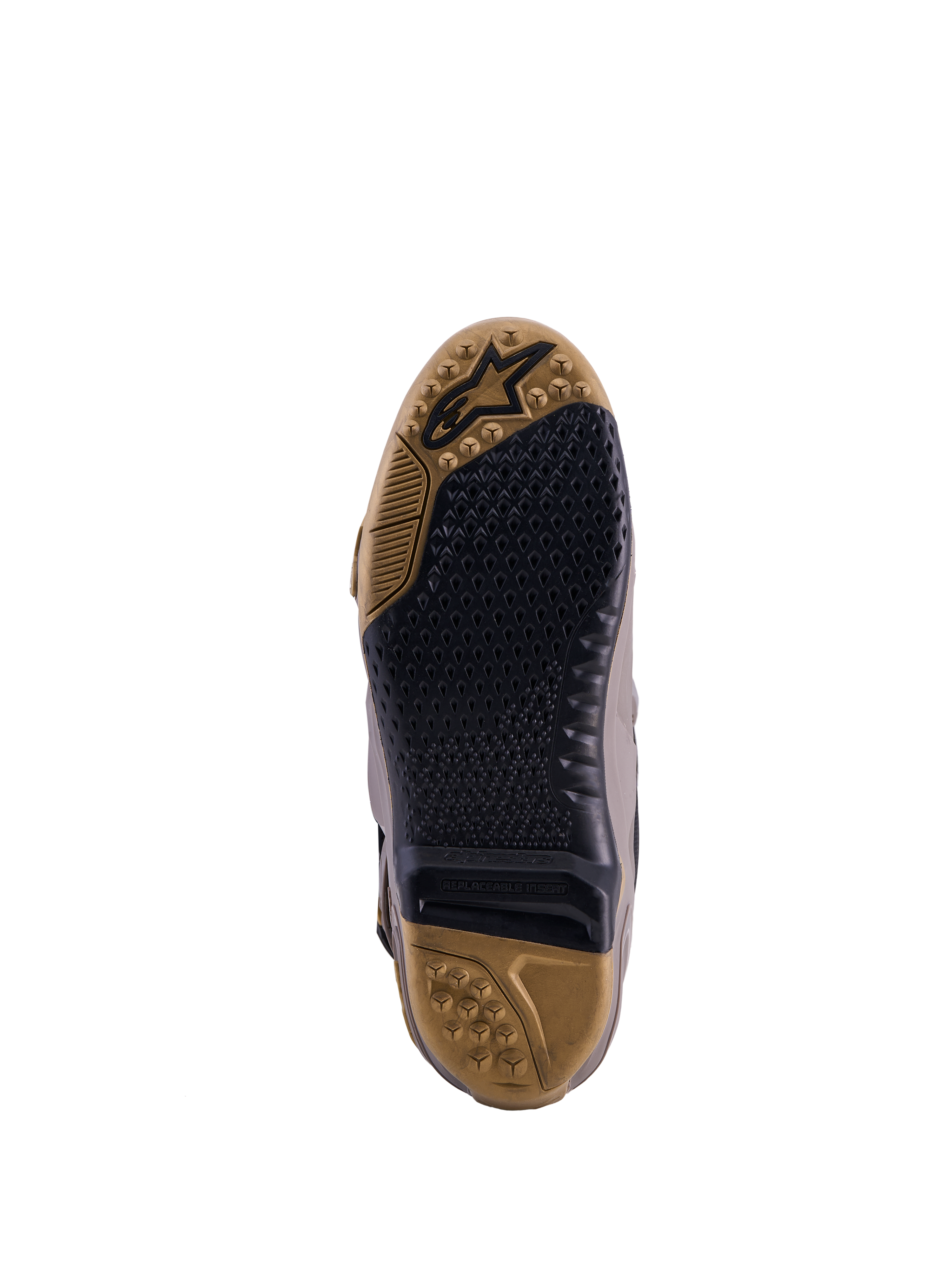 Alpinestars Tech 10 Air Gold-sula, begränsad upplaga, Earth Brown och svart mönstrat grepp med utbytbar insats.
