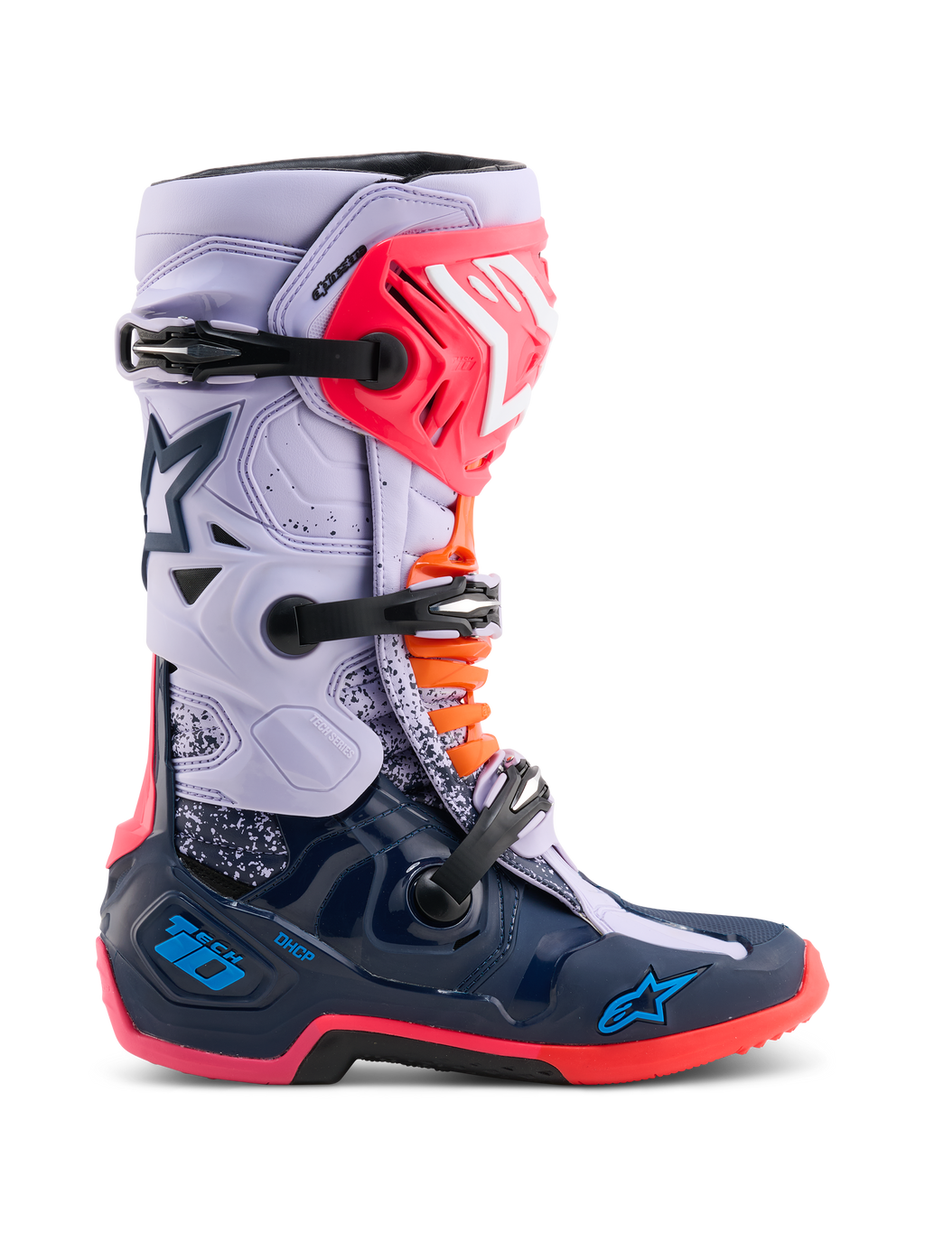 Alpinestars Limited Edition Tech 10 Records-stövlar, motocross-stövlar, flerfärgade med ljuslila ovandel och mörkblått nedre skal, rosa och orangea detaljer, trippelspännesystem, högpresterande skyddande skor för terrängkörning
