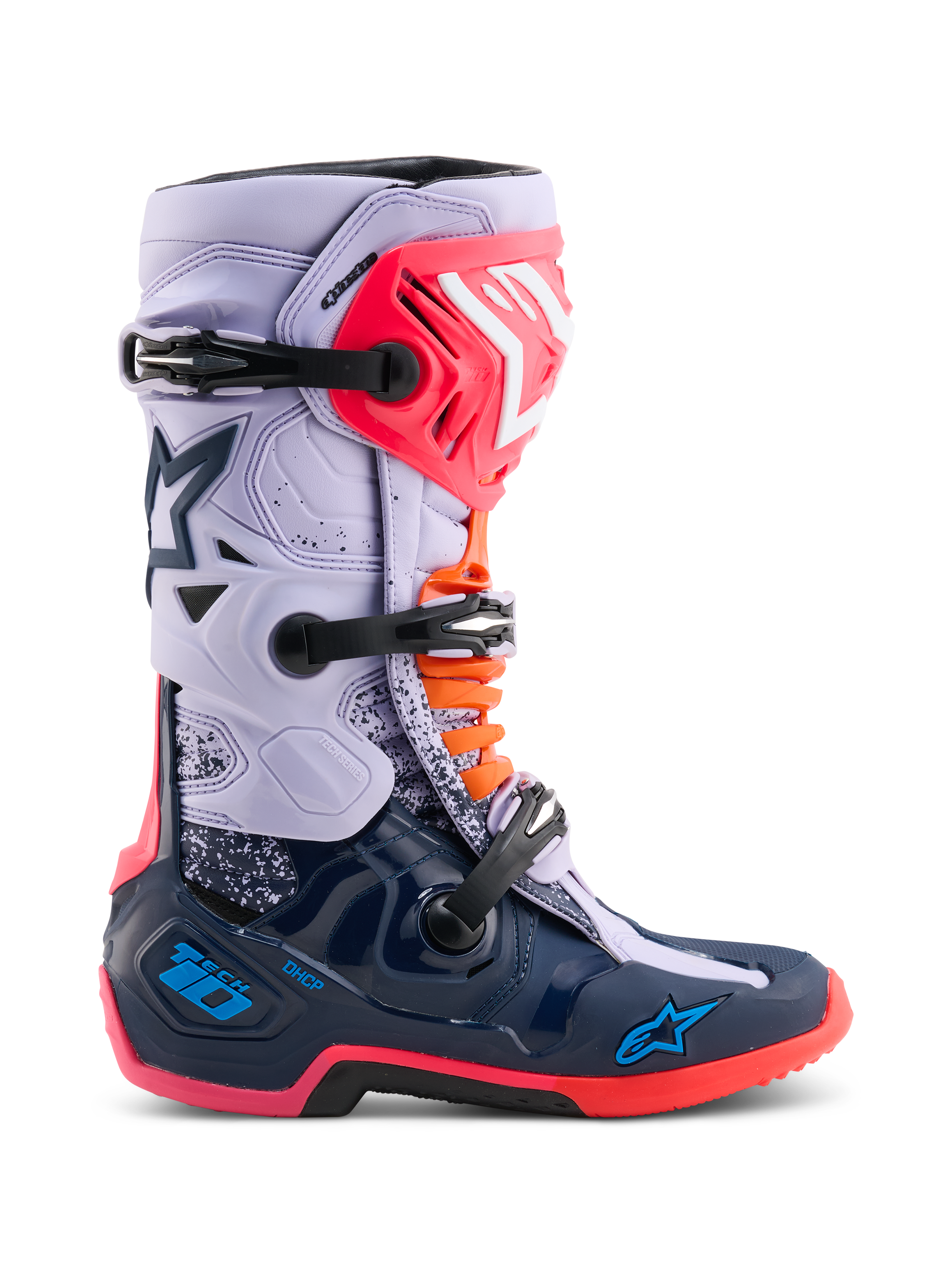 Alpinestars Limited Edition Tech 10 Records-stövlar, motocross-stövlar, flerfärgade med ljuslila ovandel och mörkblått nedre skal, rosa och orangea detaljer, trippelspännesystem, högpresterande skyddande skor för terrängkörning