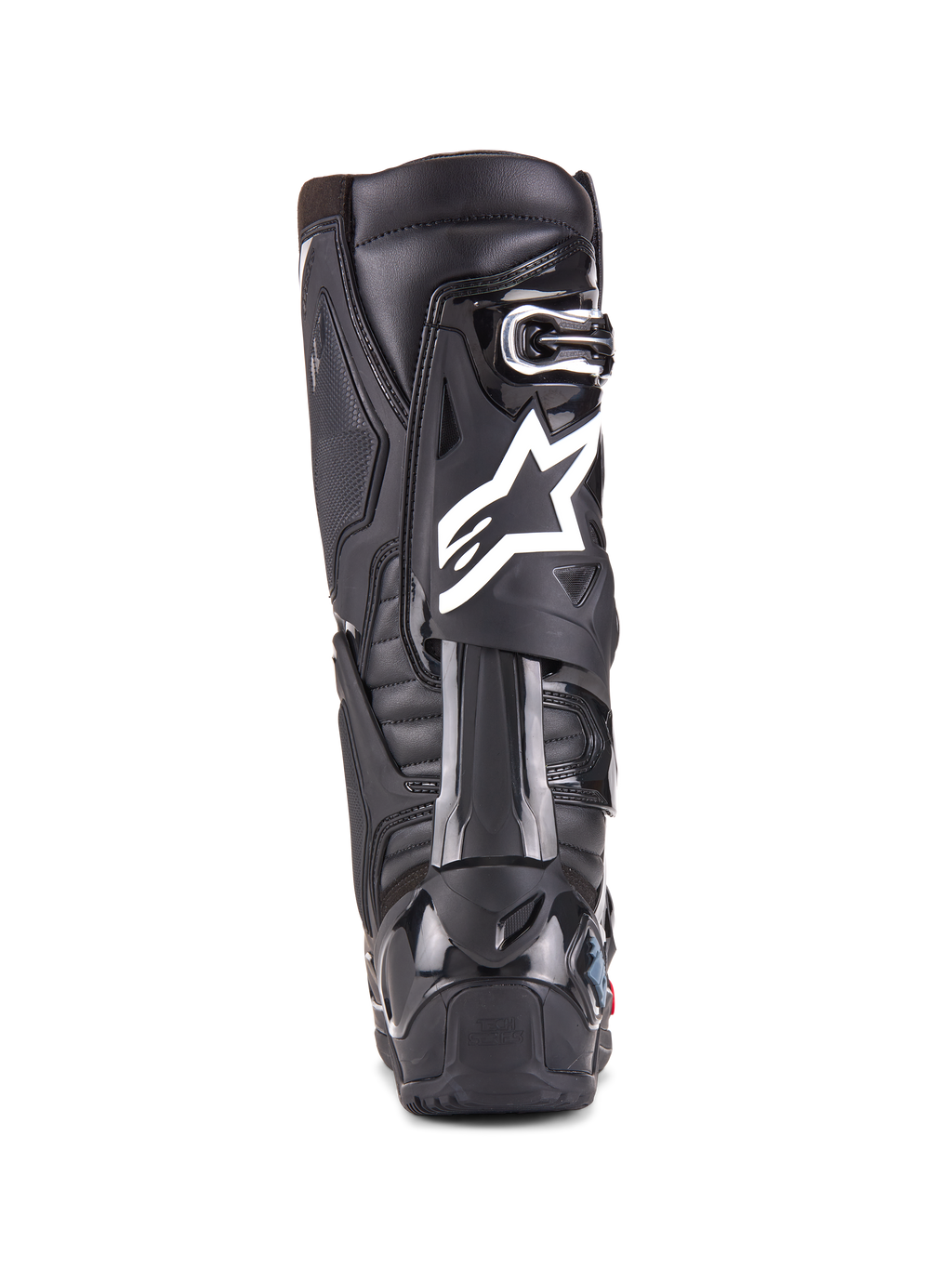 Alpinestars Tech 10 Enduro-stövlar, svarta, vy bakifrån på en enskild stövel som visar den vita Alpinestars-logotypen, slitstarkt hälskydd i TPU och robust enduro-suldesign för terrängkörning