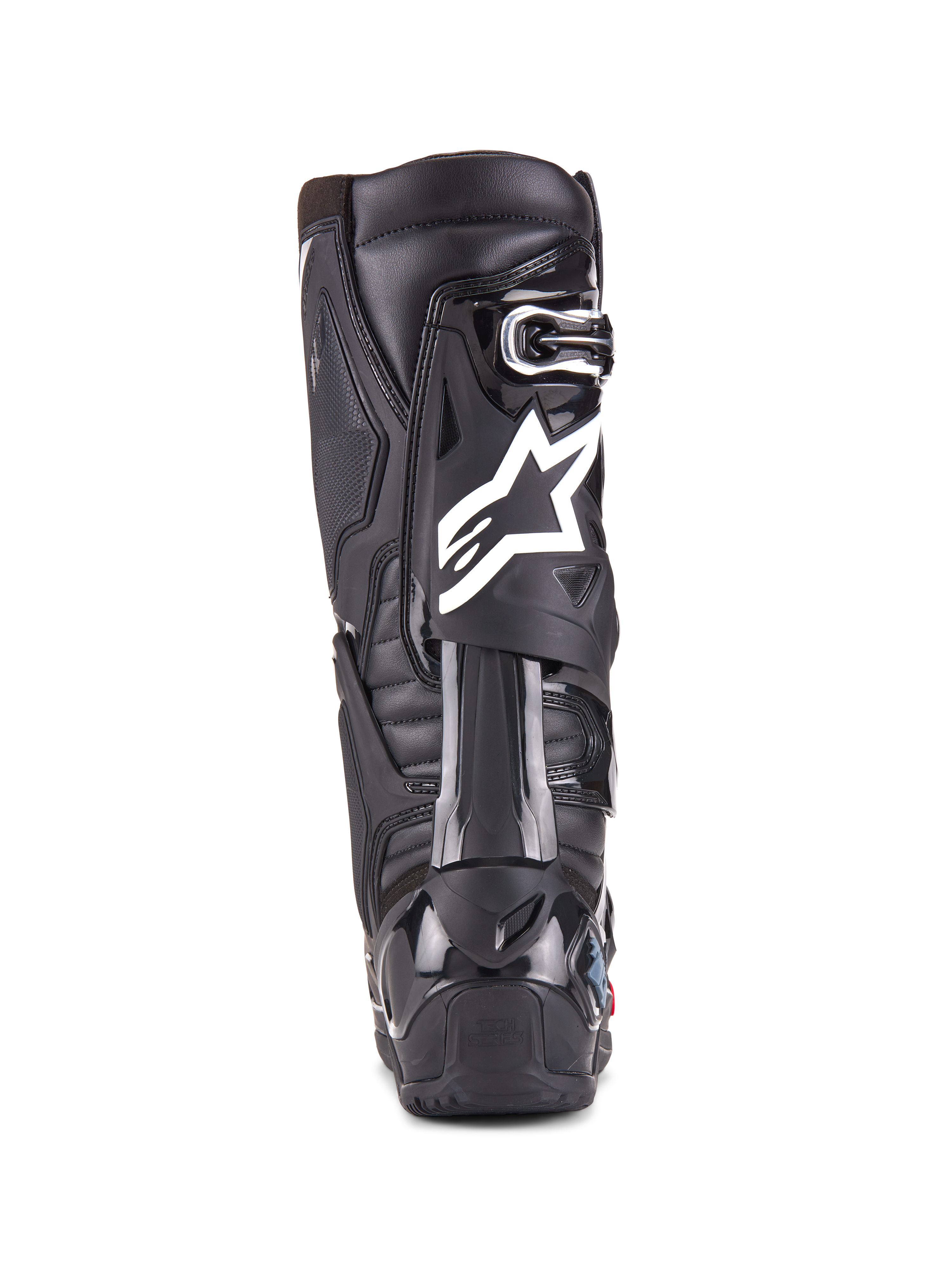 Alpinestars Tech 10 Enduro-stövlar, svarta, vy bakifrån på en enskild stövel som visar den vita Alpinestars-logotypen, slitstarkt hälskydd i TPU och robust enduro-suldesign för terrängkörning