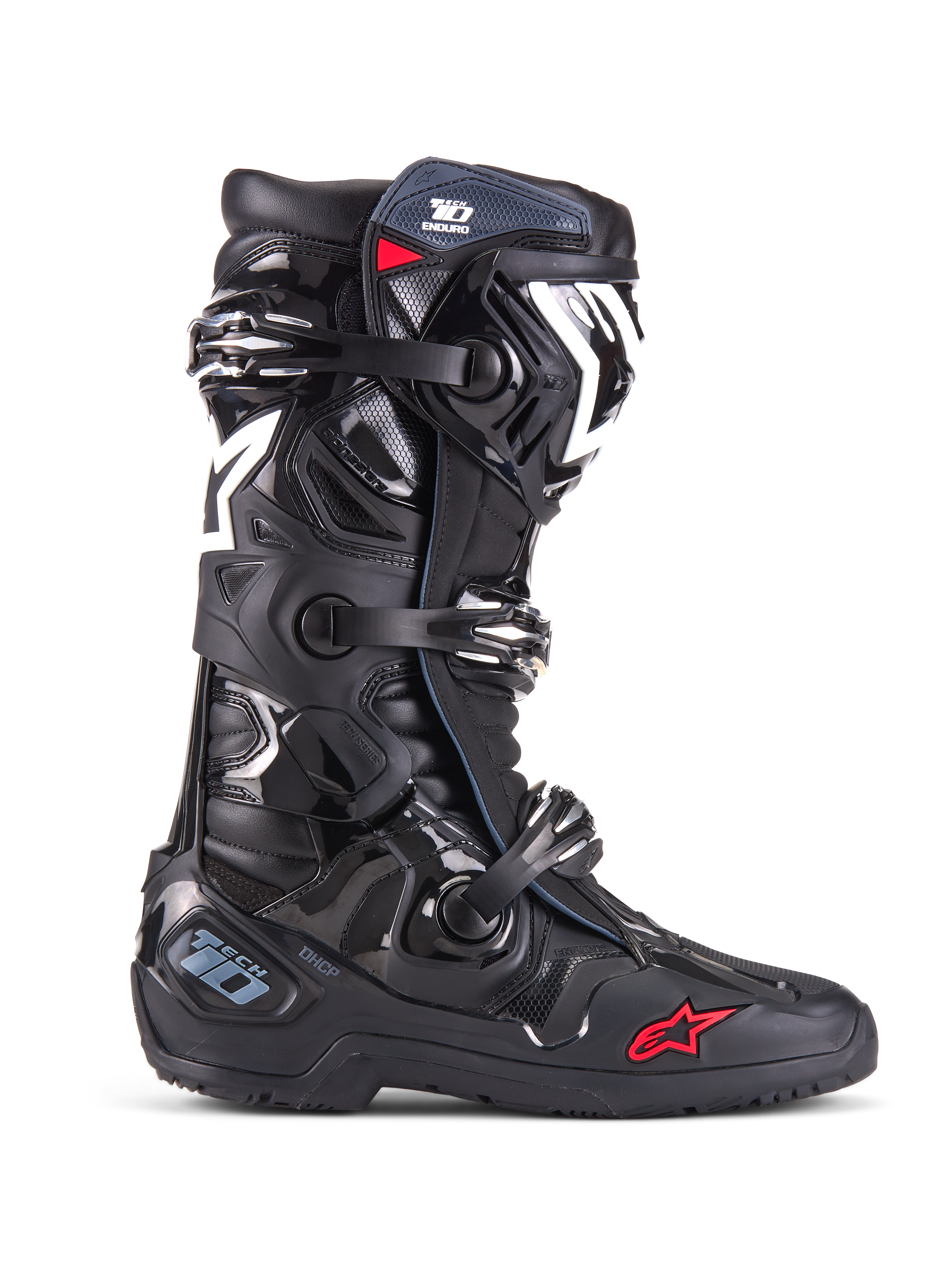 Alpinestars Tech 10 Enduro stövlar, motocross- och terrängstövlar, svarta med vita och röda detaljer, stängningssystem med tre spännen, skyddande TPU-skenbensskydd och hälplatta, robust enduro-sula, ikonisk stjärnlogotyp, premium racingskydd