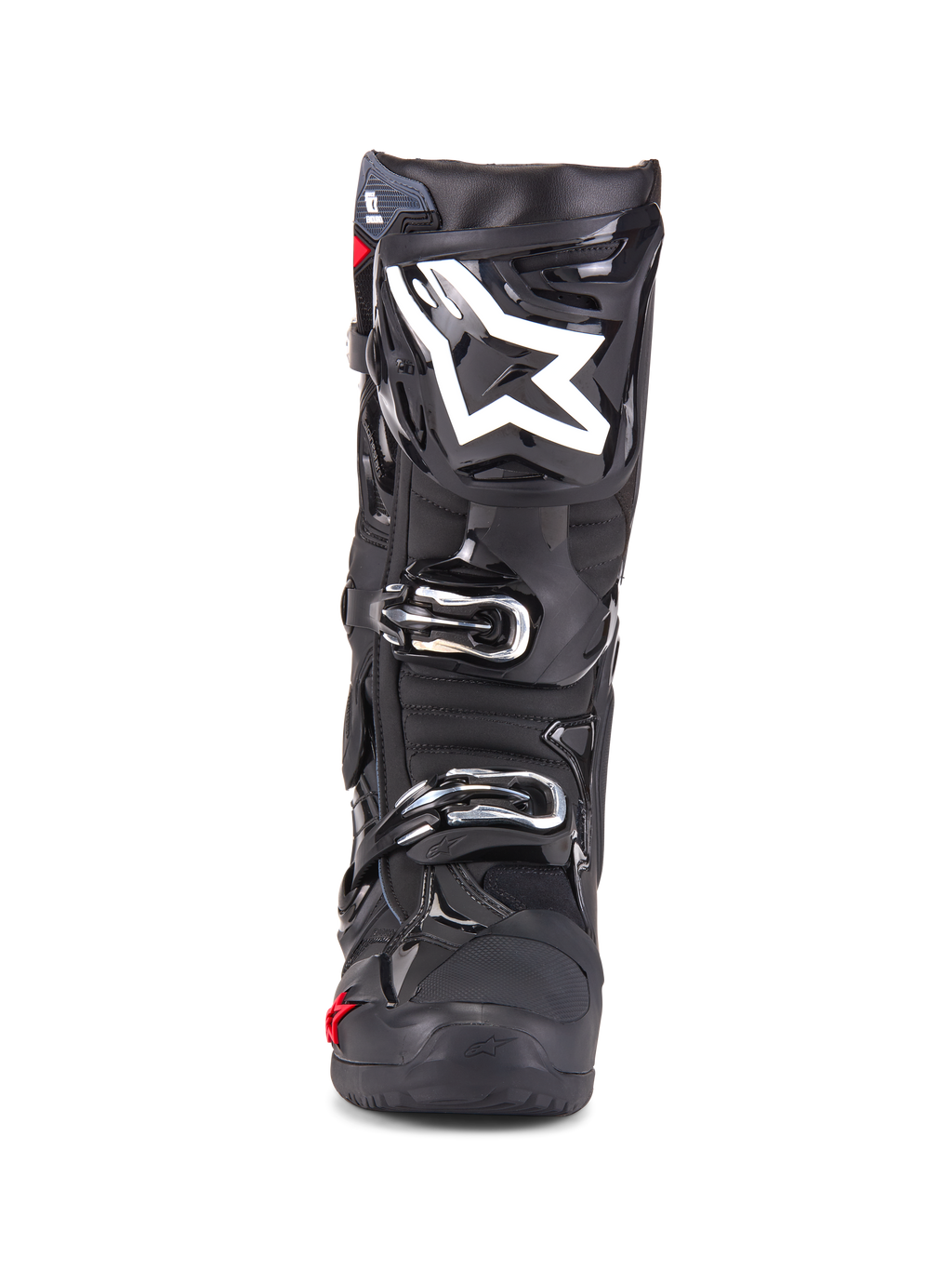 Alpinestars Tech 10 Enduro-stövlar, motocross-stövlar, svarta, sedda framifrån med vit stjärnlogotyp på skenbenet, silverfärgade spännen, stilren svart finish med robusta skyddspaneler, högpresterande skor för terrängkörning