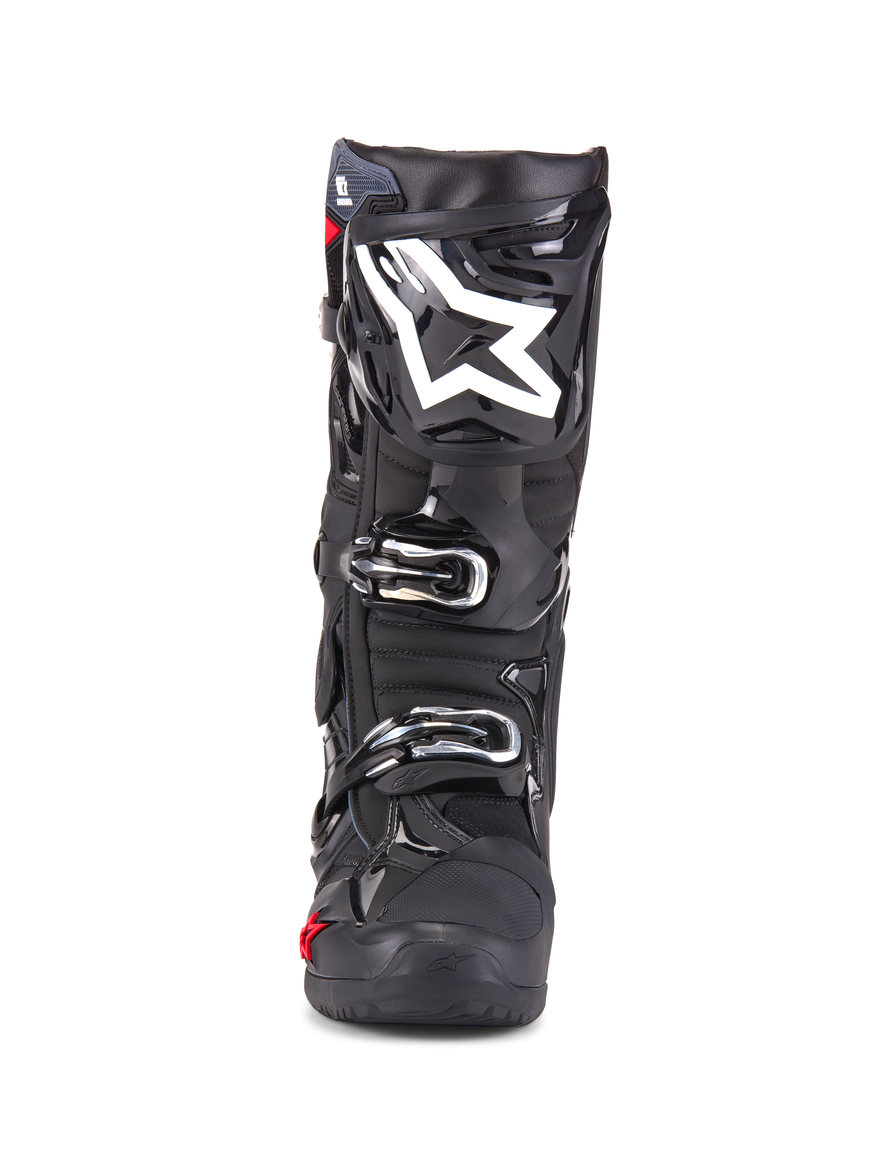 Alpinestars Tech 10 Enduro-stövlar, motocross-stövlar, svarta, sedda framifrån med vit stjärnlogotyp på skenbenet, silverfärgade spännen, stilren svart finish med robusta skyddspaneler, högpresterande skor för terrängkörning