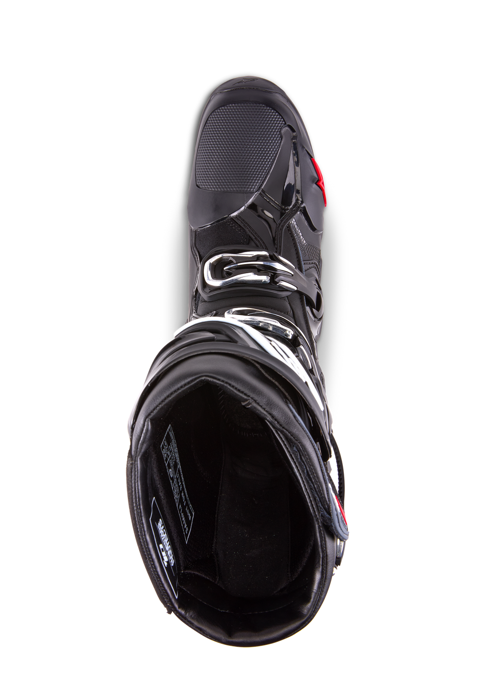 Alpinestars Tech 10 Enduro-stövlar, motocross-stövlar, svarta, vy uppifrån som visar det inre fodret, tredubbelt spännsystem och förstärkt tåparti, designade för högpresterande terräng- och endurokörning