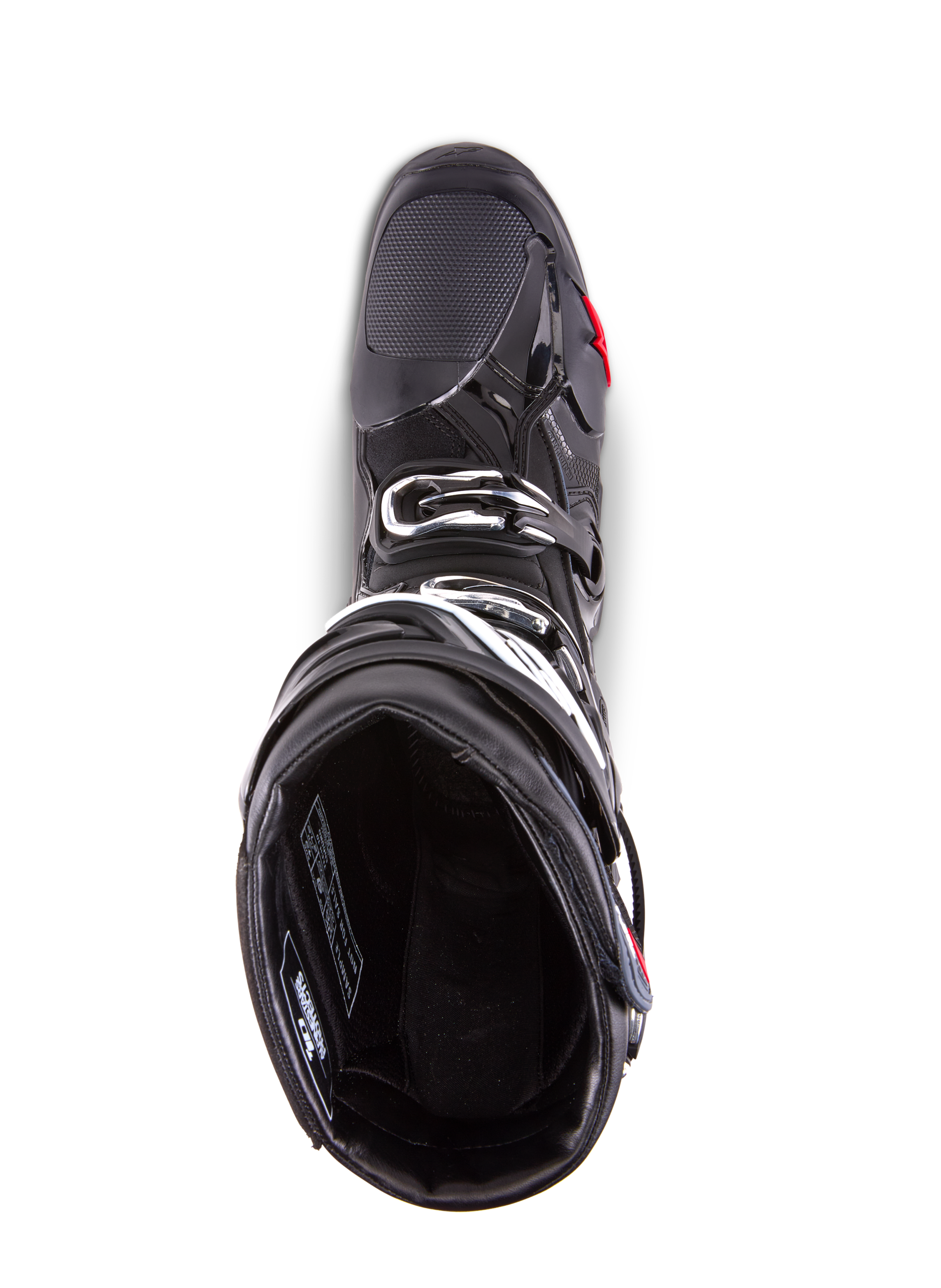 Alpinestars Tech 10 Enduro-stövlar, motocross-stövlar, svarta, vy uppifrån som visar det inre fodret, tredubbelt spännsystem och förstärkt tåparti, designade för högpresterande terräng- och endurokörning