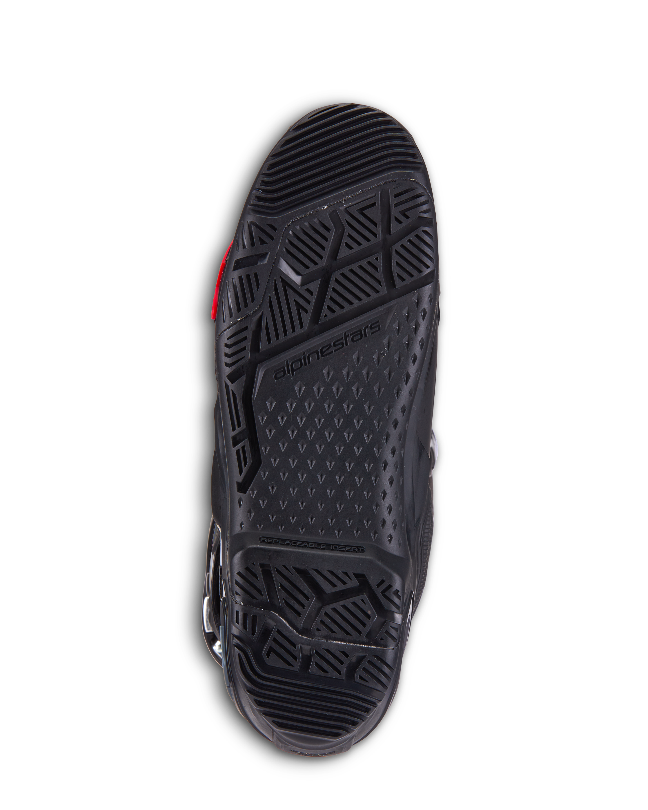 Alpinestars Tech 10 Enduro-stövlar, svarta motocross-stövlar, detaljerad vy av dubbelkomponentsulan med ett aggressivt mönster, Alpinestars-logotyp och utbytbar mittsektion för offroad-prestanda