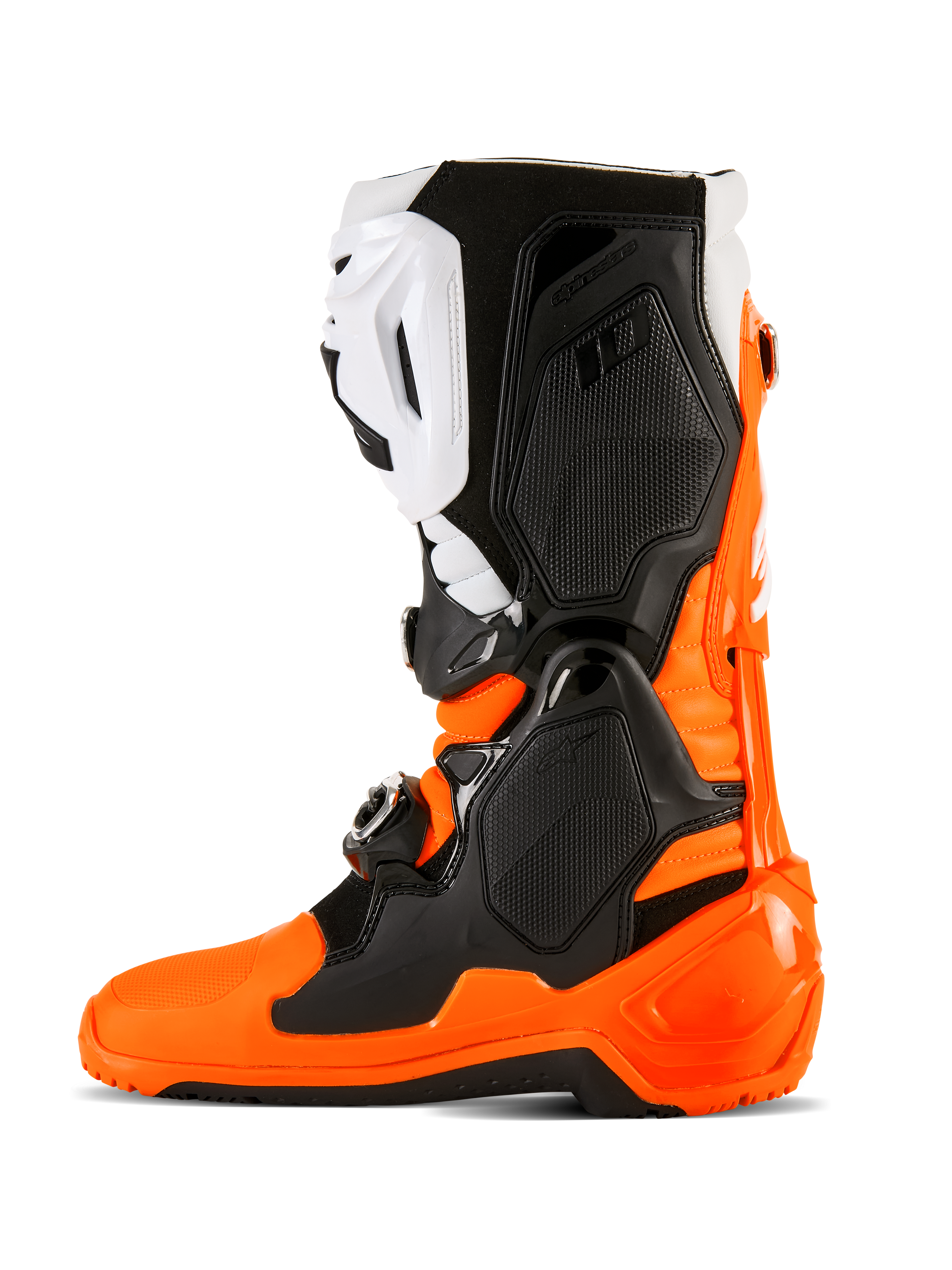 Alpinestars Tech 10 Enduro Boots, Orange Fluo Black and White, high-performance motocross and off-road footwear featuring a triple buckle closure system, protective TPU panels, and specialized Enduro dual-compound sole for enhanced grip.