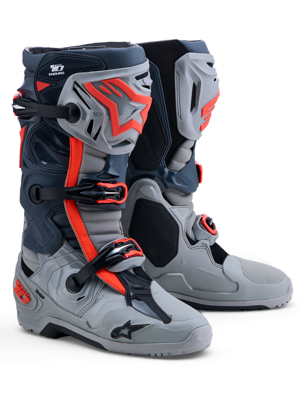 Alpinestars Tech-10 Enduro stövlar, motorcykelstövlar för herr, gråa och röd fluo, TPU-skydd och CE-certifierade, specialdesignad sula för terrängkörning.