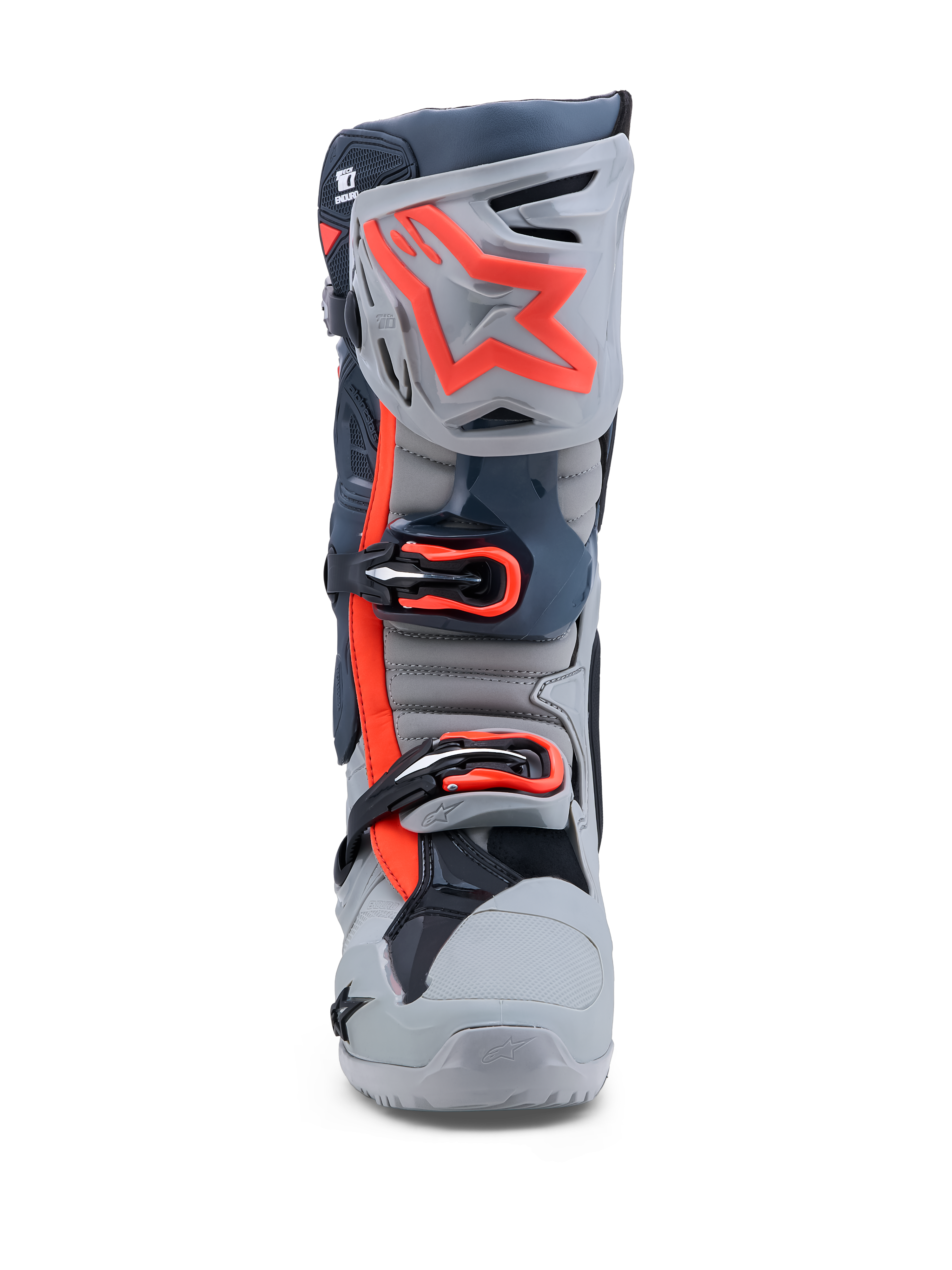 Alpinestars Tech-10 Enduro stövlar i grått och röd fluo med tredubbelt spännsystem och TPU-skenbensplatta för terrängkörning.