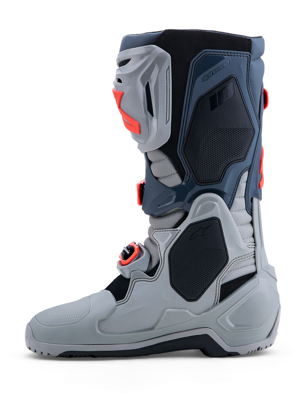 Alpinestars Tech 10 Enduro stövlar, gråa och röda endurostövlar för herr, CE-certifierade med TPU-skydd och spännen.