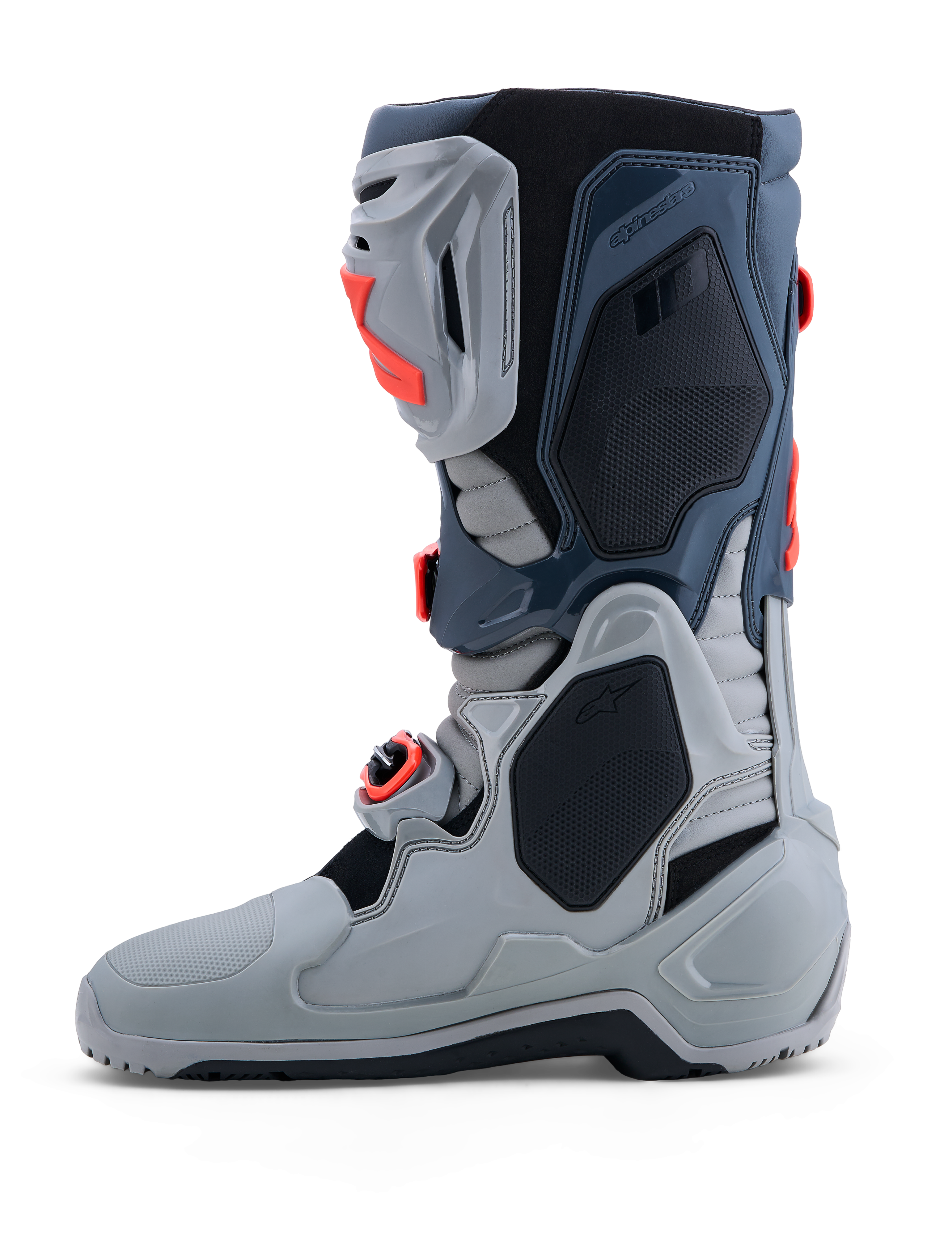 Alpinestars Tech 10 Enduro stövlar, gråa och röda endurostövlar för herr, CE-certifierade med TPU-skydd och spännen.