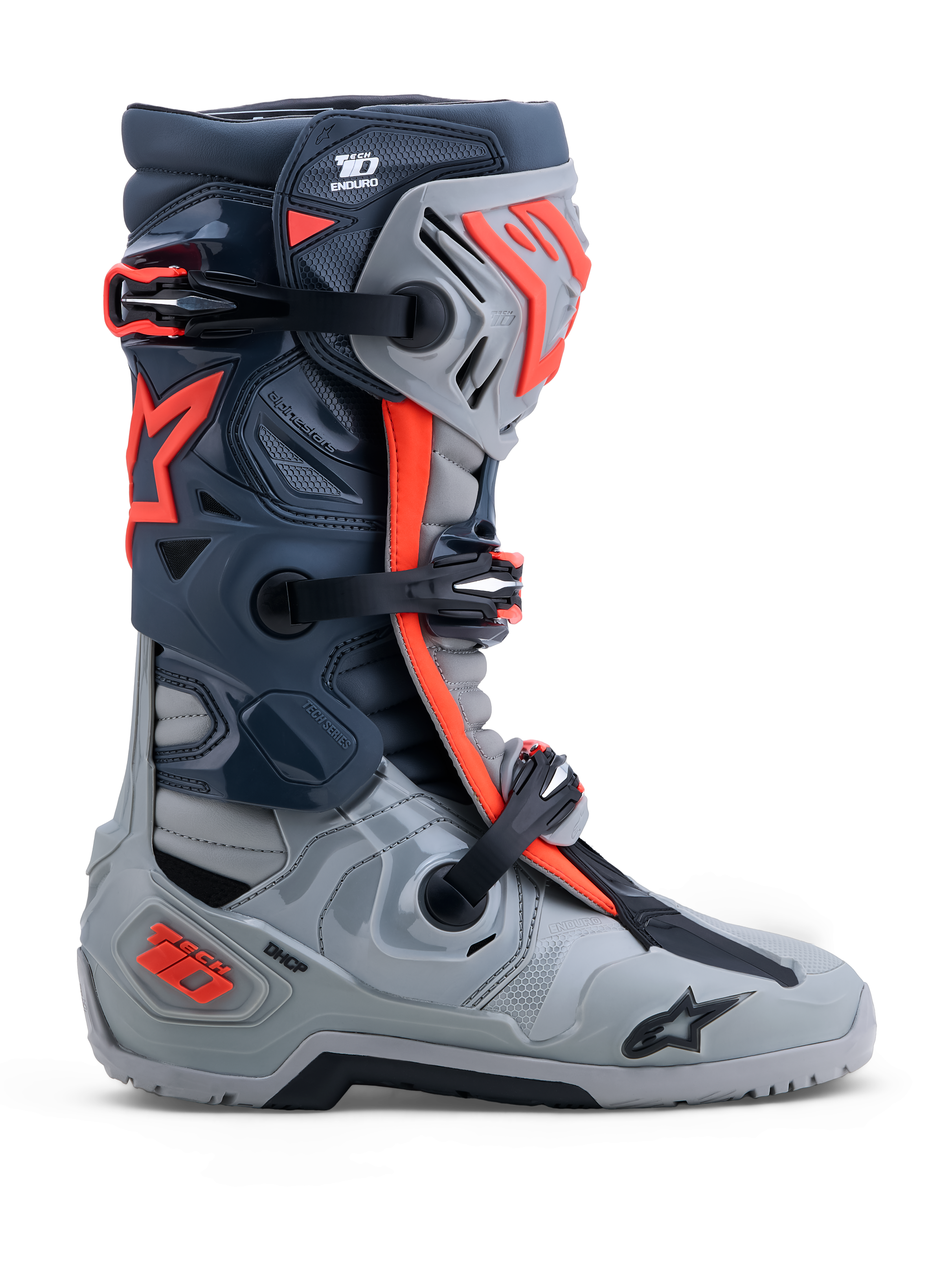 Alpinestars Tech-10 Enduro stövlar, motorcykelstövlar för terrängkörning och enduro, gråa och röd fluo, TPU-skydd och DCHP-hälskydd, CE-certifierade med robust sula för grepp.