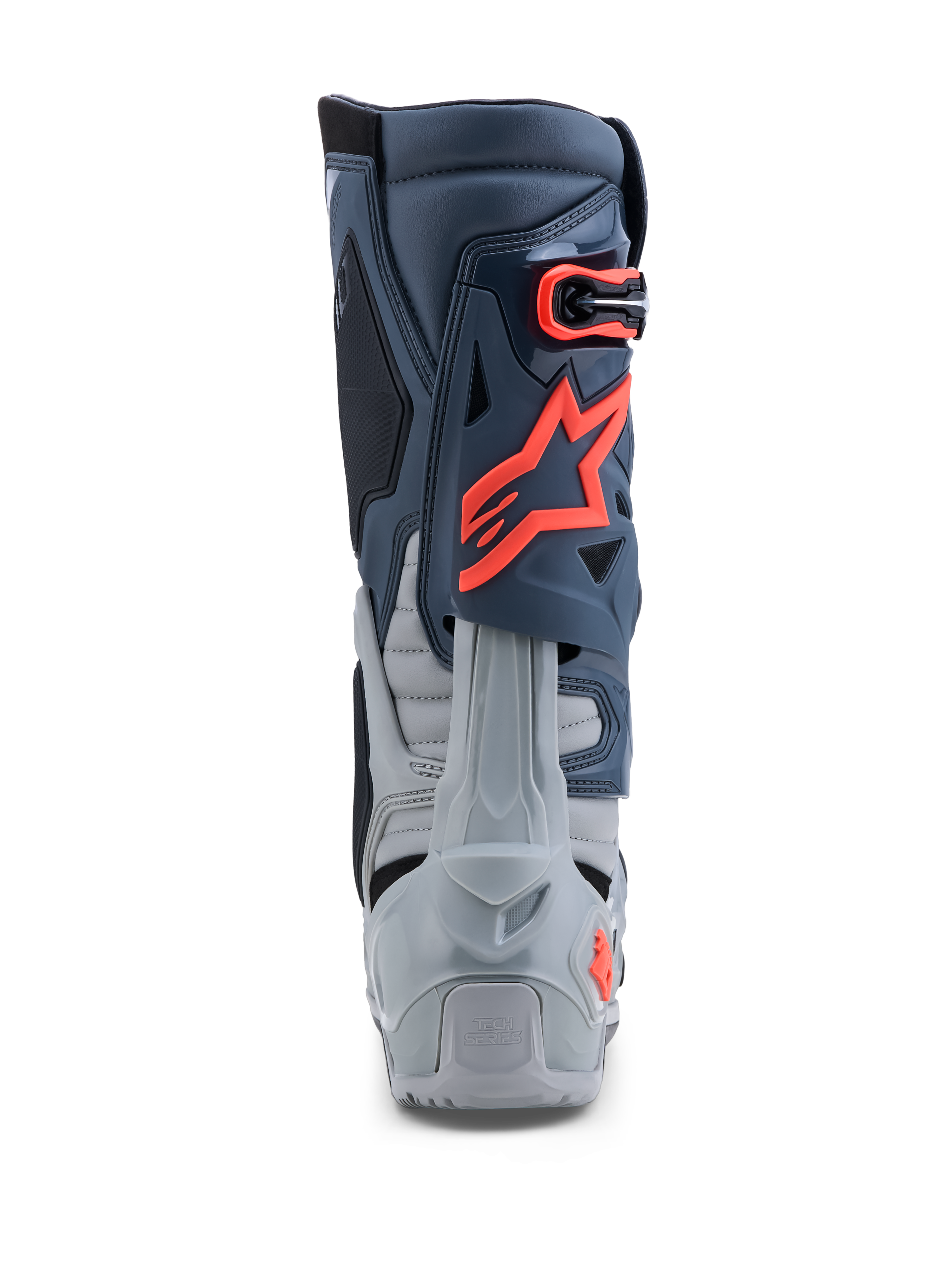 Alpinestars Tech-10 Enduro stövlar, terrängkörning, grå och röd fluo, med bakre hälskydd och TPU-konstruktion.