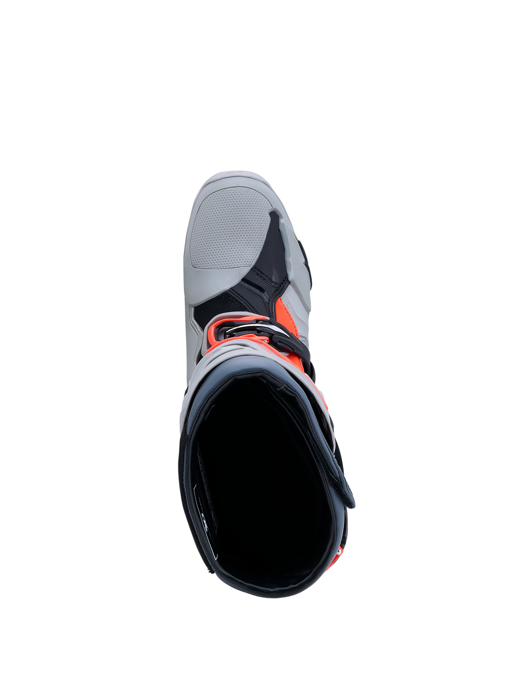 Alpinestars Tech-10 Enduro stövlar för motocross, herrmodell, grå och röd fluo, vy uppifrån som visar insida och spännen.