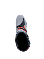 Alpinestars Tech-10 Enduro stövlar för motocross, herrmodell, grå och röd fluo, vy uppifrån som visar insida och spännen.