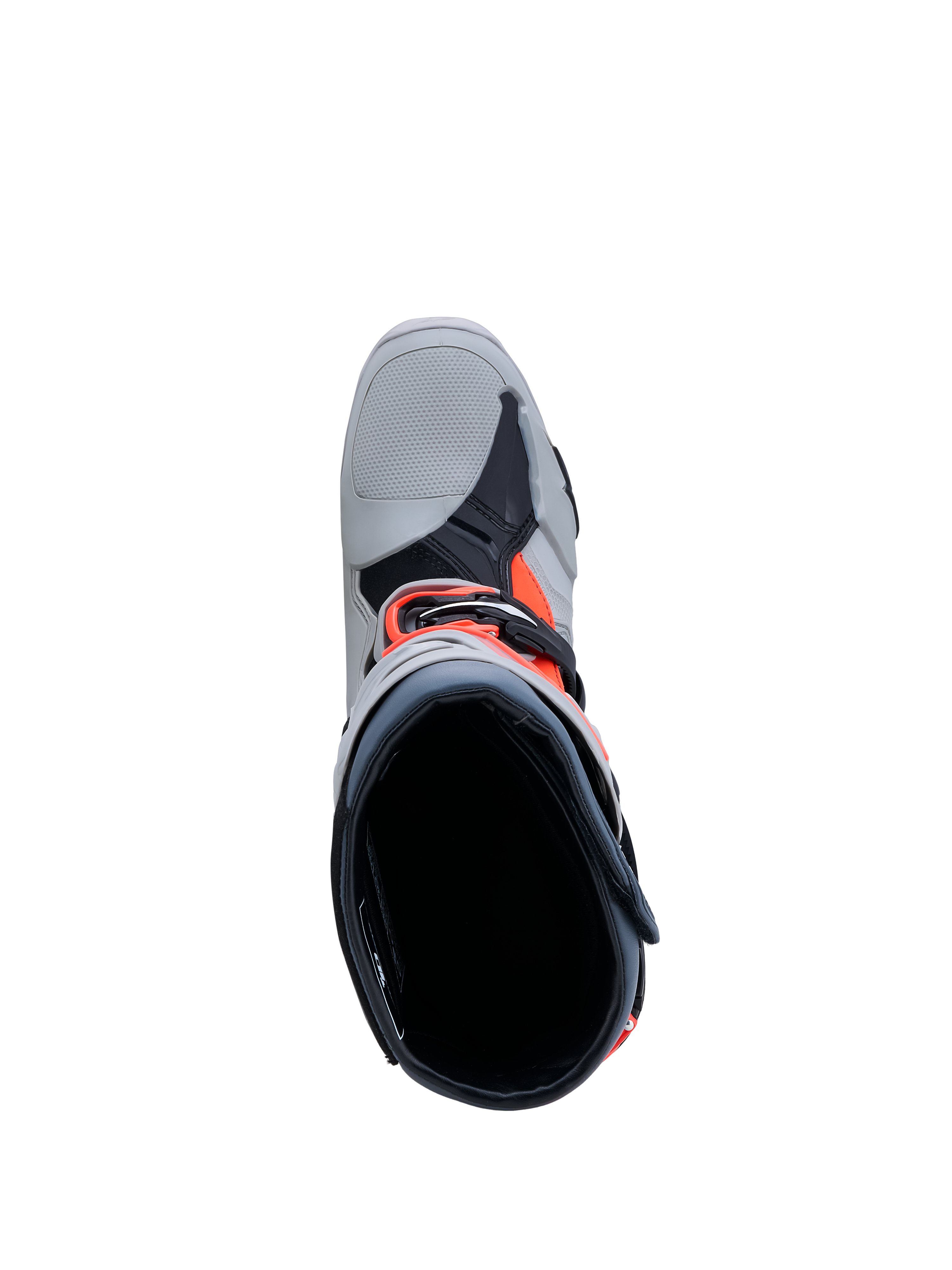 Alpinestars Tech-10 Enduro stövlar för motocross, herrmodell, grå och röd fluo, vy uppifrån som visar insida och spännen.