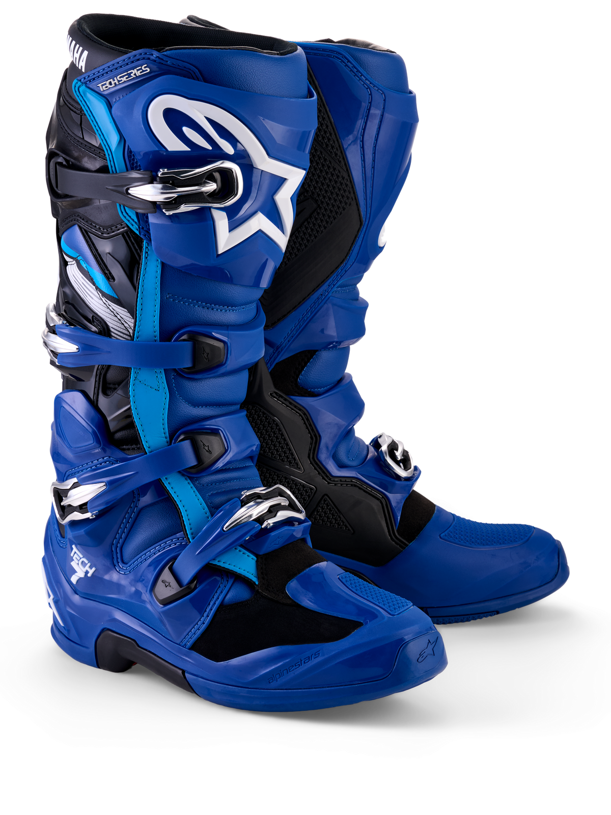 Alpinestars Yamaha Tech 7-stövlar, motocross-stövlar, blå, svarta och vita, med ett stängningssystem med flera spännen, TPU-skenbensplatta med vit Astar-logotyp och Yamaha-märkning på den övre damasken, designade för terrängprestanda