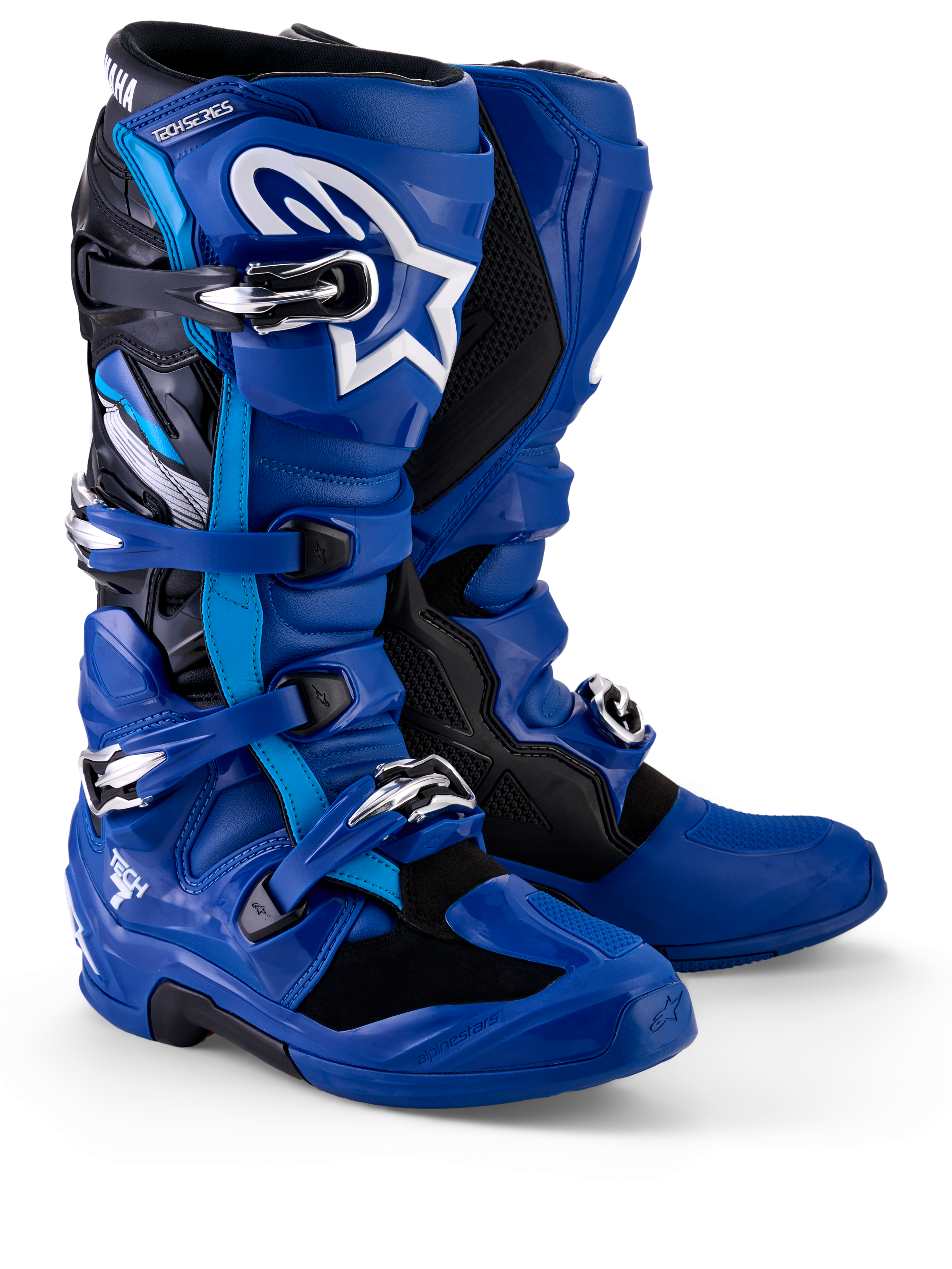 Alpinestars Yamaha Tech 7-stövlar, motocross-stövlar, blå, svarta och vita, med ett stängningssystem med flera spännen, TPU-skenbensplatta med vit Astar-logotyp och Yamaha-märkning på den övre damasken, designade för terrängprestanda