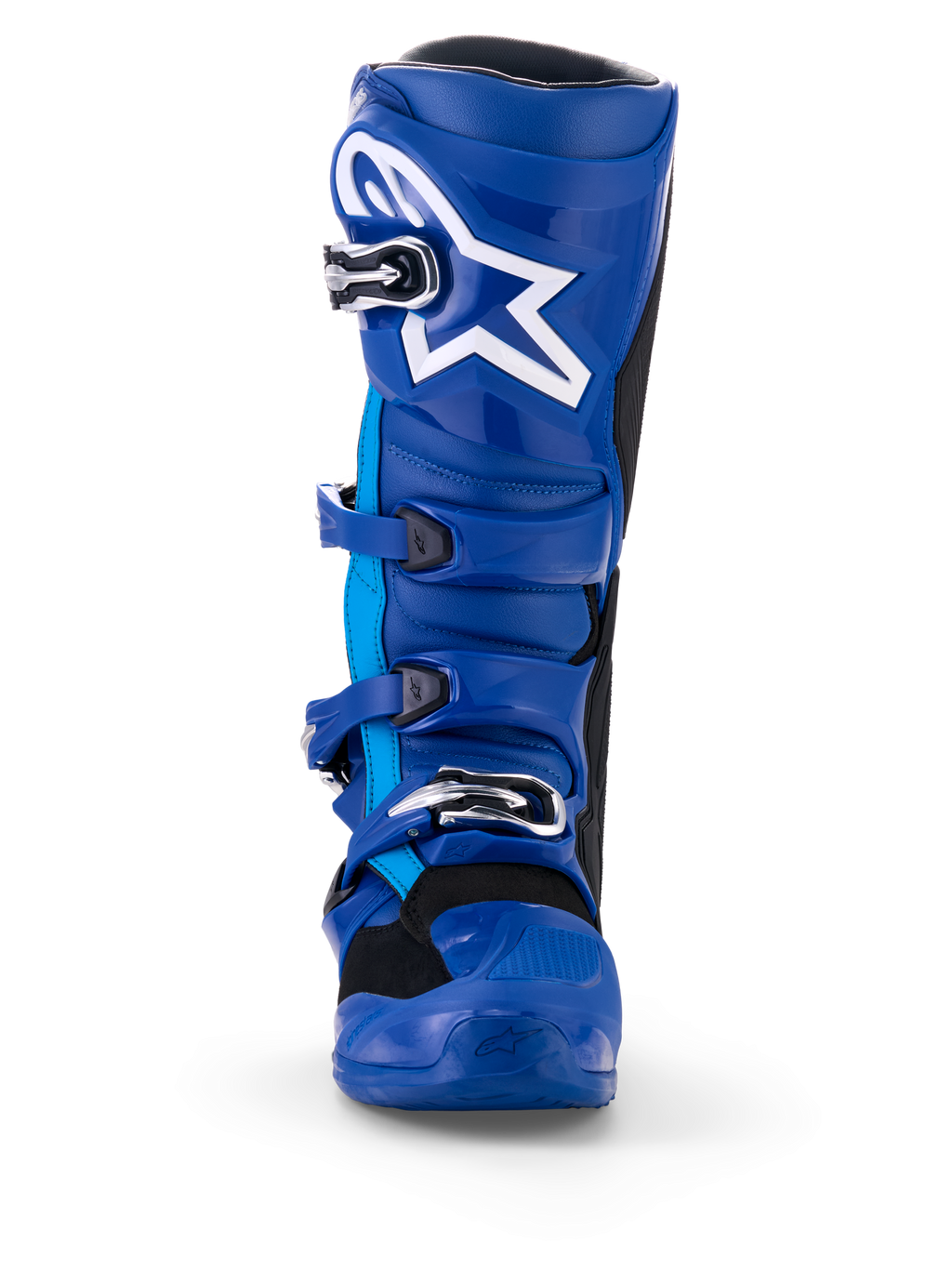 Alpinestars Yamaha Tech 7 stövlar, motocross-stövlar, blå och vita, vy framifrån, med vit Astar-logotyp, silverfärgat spännsystem och robust TPU-skyddsskal för terrängkörning