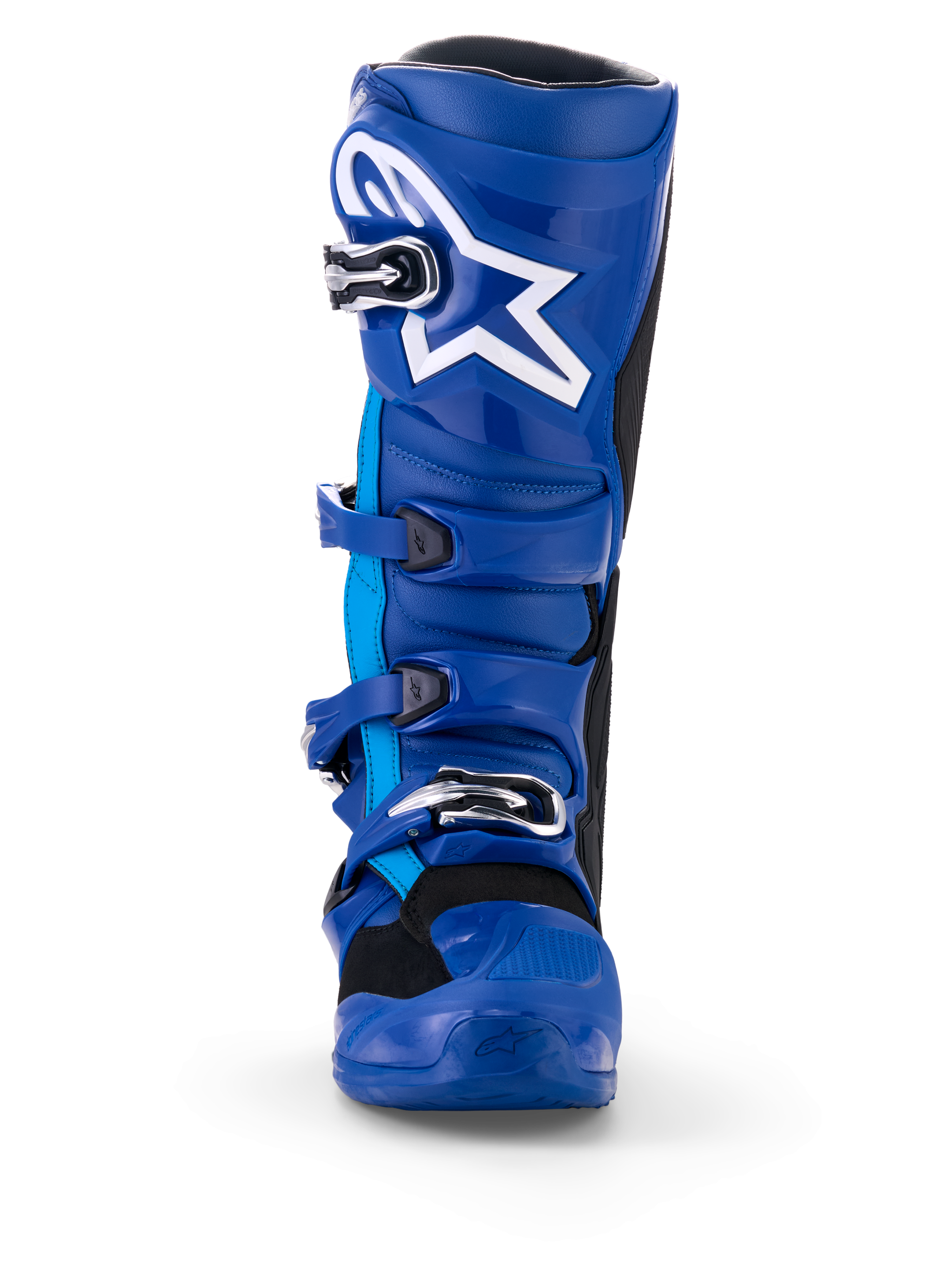 Alpinestars Yamaha Tech 7 stövlar, motocross-stövlar, blå och vita, vy framifrån, med vit Astar-logotyp, silverfärgat spännsystem och robust TPU-skyddsskal för terrängkörning