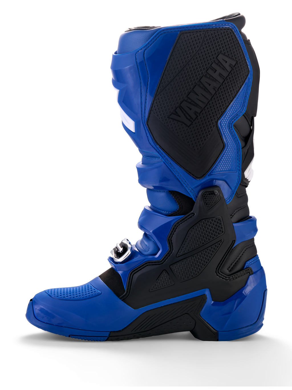 Alpinestars Yamaha Tech 7-stövlar, motocross-stövlar, blå och svarta, med en stor svart Yamaha-logotyp på den inre medialpanelen, TPU-skydd och en robust sula för terrängprestanda