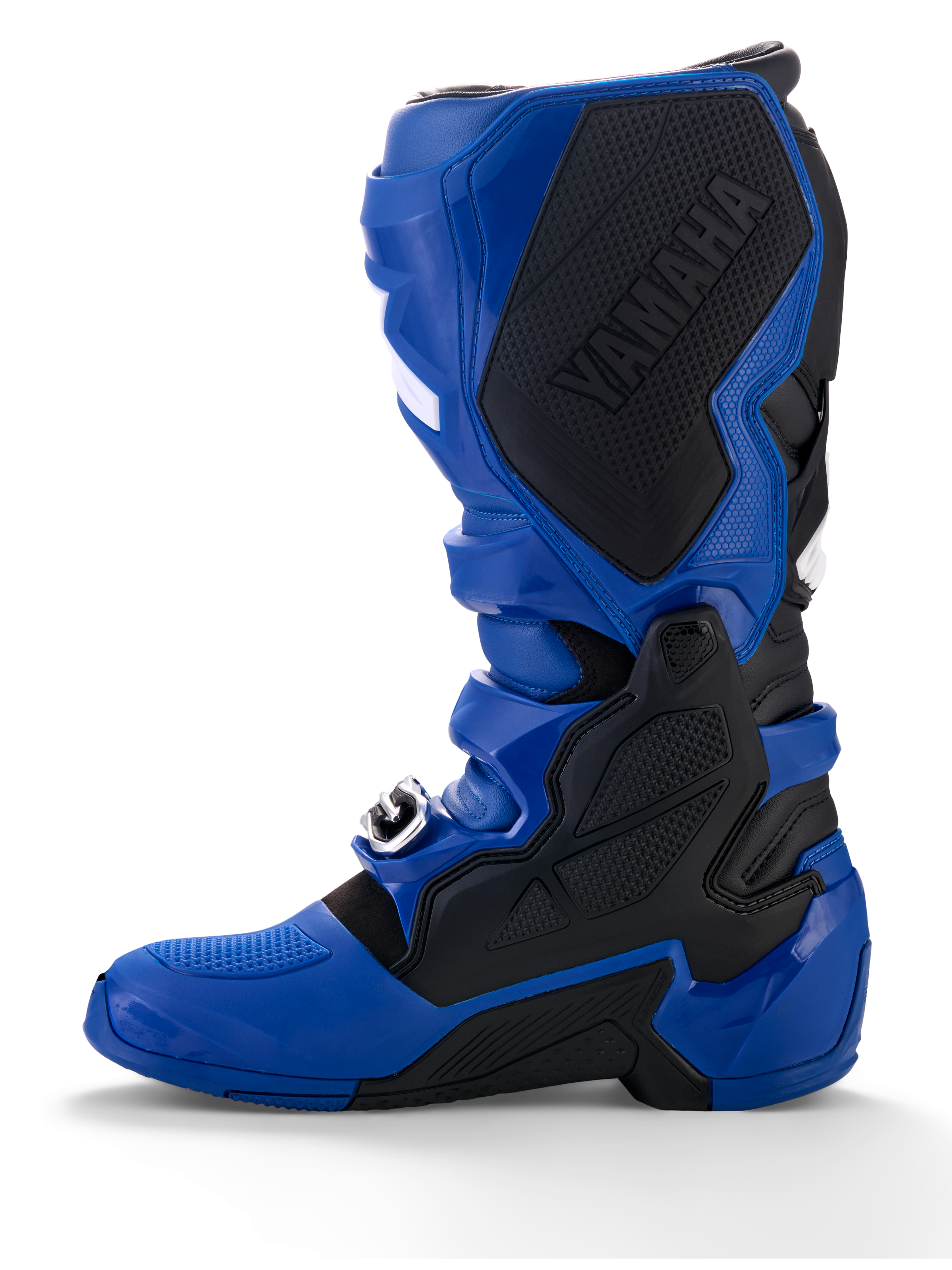 Alpinestars Yamaha Tech 7-stövlar, motocross-stövlar, blå och svarta, med en stor svart Yamaha-logotyp på den inre medialpanelen, TPU-skydd och en robust sula för terrängprestanda
