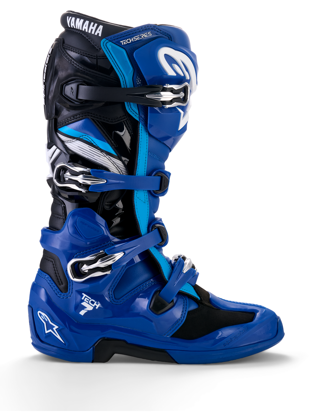 Alpinestars Yamaha Tech 7 stövlar, motocross-stövlar, blå med svarta och vita detaljer, sidoprofil med fyra justerbara spännen, förstärkt TPU-skydd på smalben och häl, tydlig Yamaha-logotyp och en robust sula för offroad-prestanda