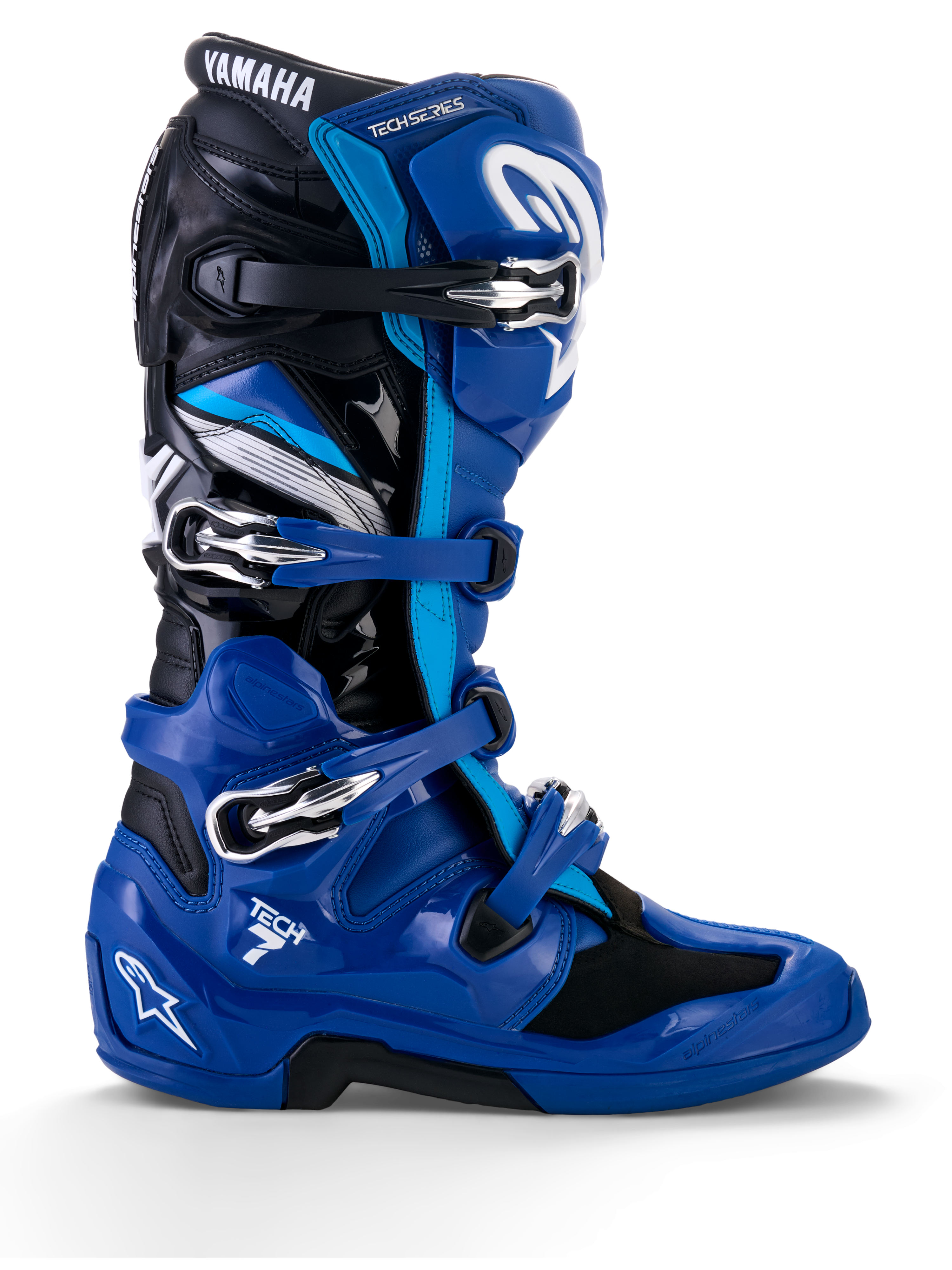 Alpinestars Yamaha Tech 7 stövlar, motocross-stövlar, blå med svarta och vita detaljer, sidoprofil med fyra justerbara spännen, förstärkt TPU-skydd på smalben och häl, tydlig Yamaha-logotyp och en robust sula för offroad-prestanda