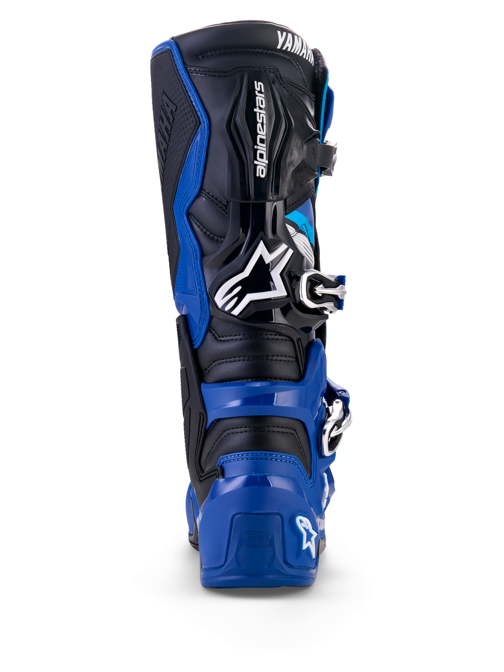 Vy bakifrån av Alpinestars Yamaha Tech 7-stövlar i blått, svart och vitt, med ett skyddande TPU-skal, ledat ankelsystem och framträdande Alpinestars- och Yamaha-logotyper, konstruerade för motocross och terrängkörning