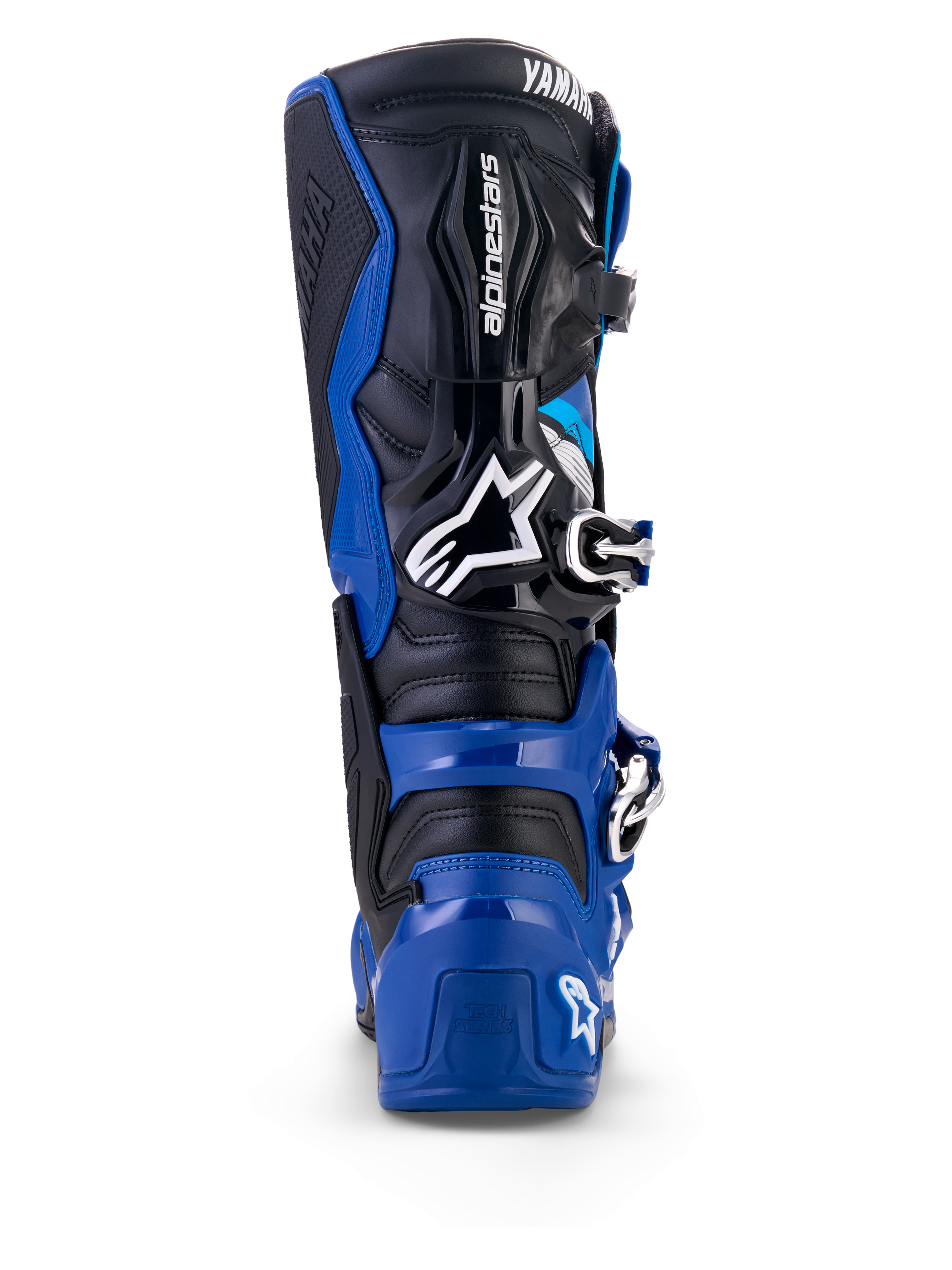 Vy bakifrån av Alpinestars Yamaha Tech 7-stövlar i blått, svart och vitt, med ett skyddande TPU-skal, ledat ankelsystem och framträdande Alpinestars- och Yamaha-logotyper, konstruerade för motocross och terrängkörning