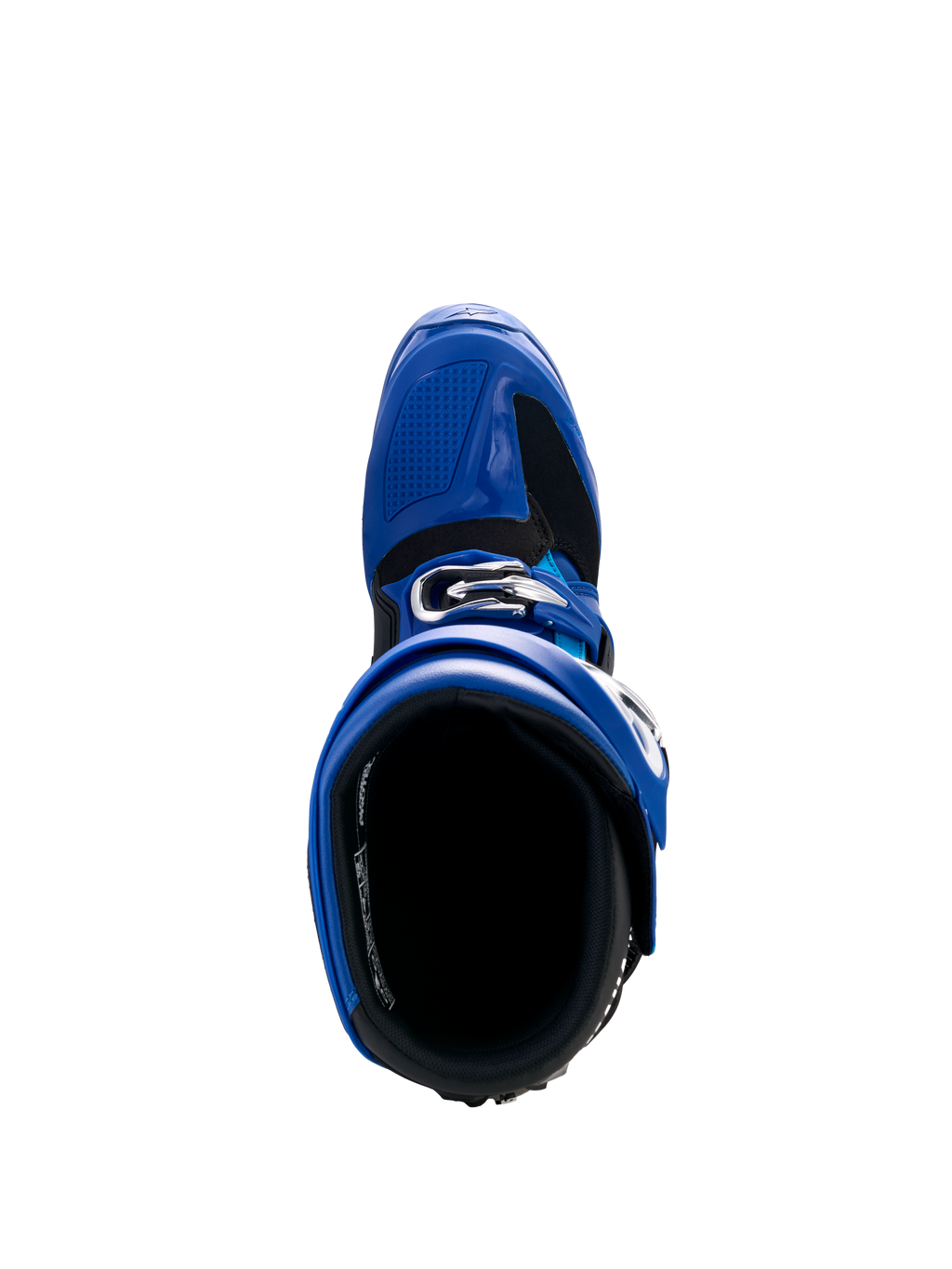 Alpinestars Yamaha Tech 7-stövlar, motocross-stövlar, blå, svarta och vita, vy uppifrån som visar den inre öppningen och det justerbara spännsystemet, högpresterande skyddsskor för terrängkörning