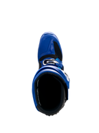 Alpinestars Yamaha Tech 7-stövlar, motocross-stövlar, blå, svarta och vita, vy uppifrån som visar den inre öppningen och det justerbara spännsystemet, högpresterande skyddsskor för terrängkörning