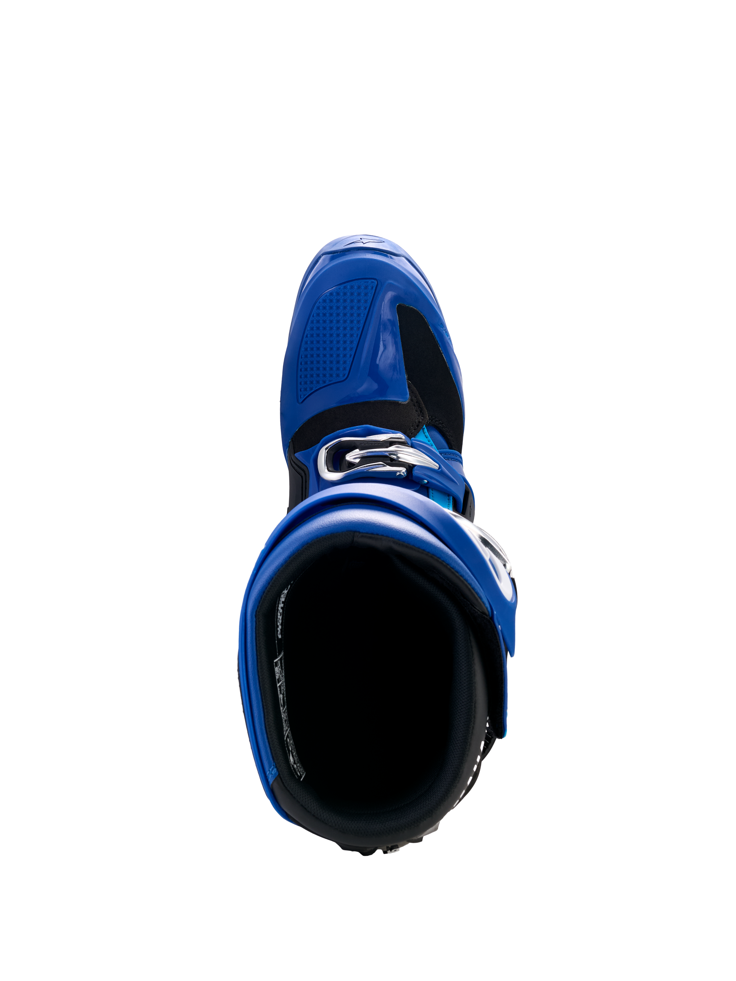 Alpinestars Yamaha Tech 7-stövlar, motocross-stövlar, blå, svarta och vita, vy uppifrån som visar den inre öppningen och det justerbara spännsystemet, högpresterande skyddsskor för terrängkörning