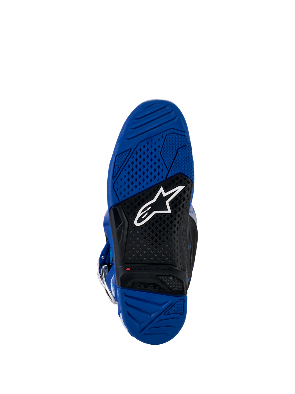Alpinestars Yamaha Tech 7-stövlar, motocrossstövlar, vy av blå och svart sula, yttersula i vulkaniserat gummi med dubbla gummiblandningar och strukturerat greppmönster, med en vit Alpinestars-logotyp och röd slitageindikator
