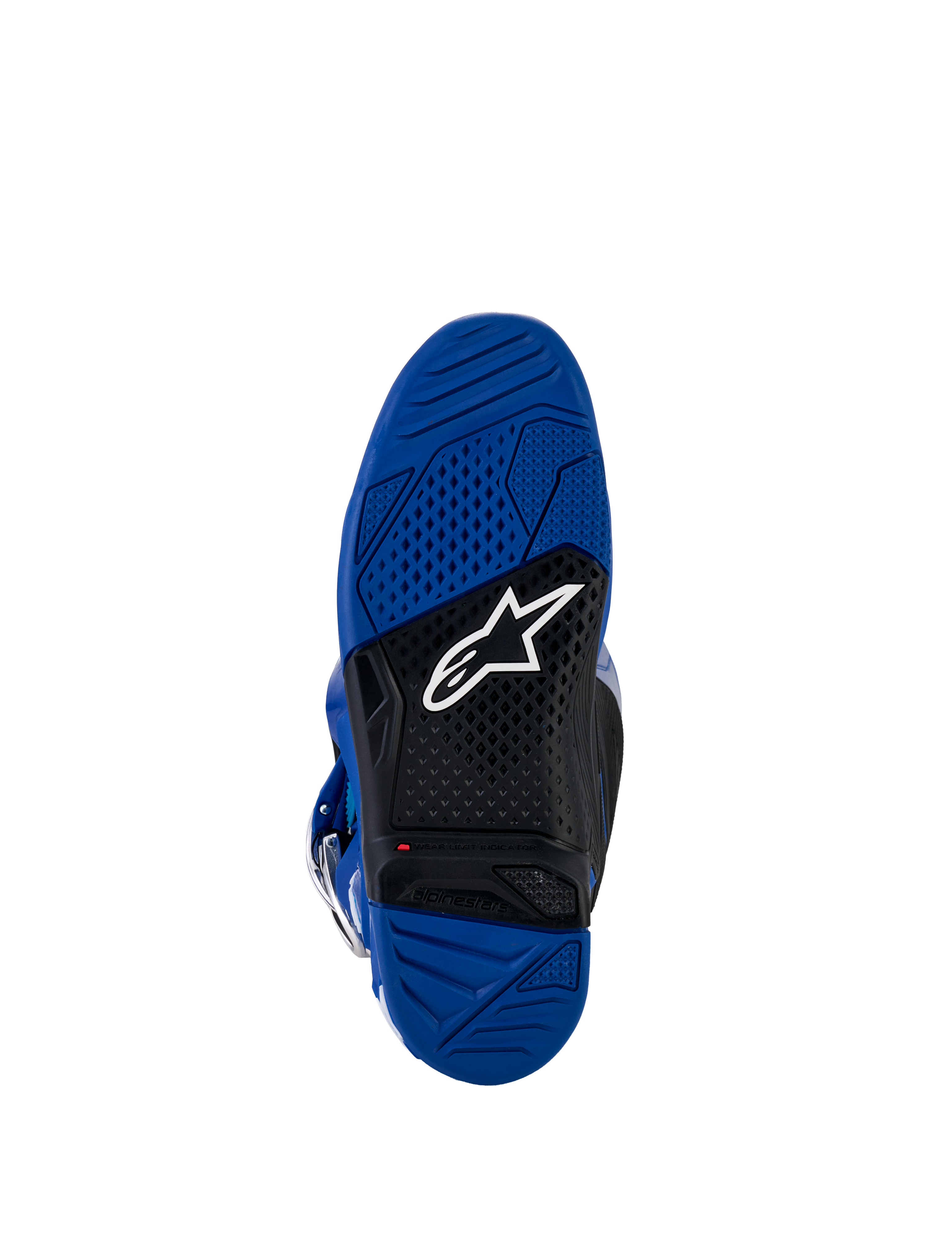 Alpinestars Yamaha Tech 7-stövlar, motocrossstövlar, vy av blå och svart sula, yttersula i vulkaniserat gummi med dubbla gummiblandningar och strukturerat greppmönster, med en vit Alpinestars-logotyp och röd slitageindikator