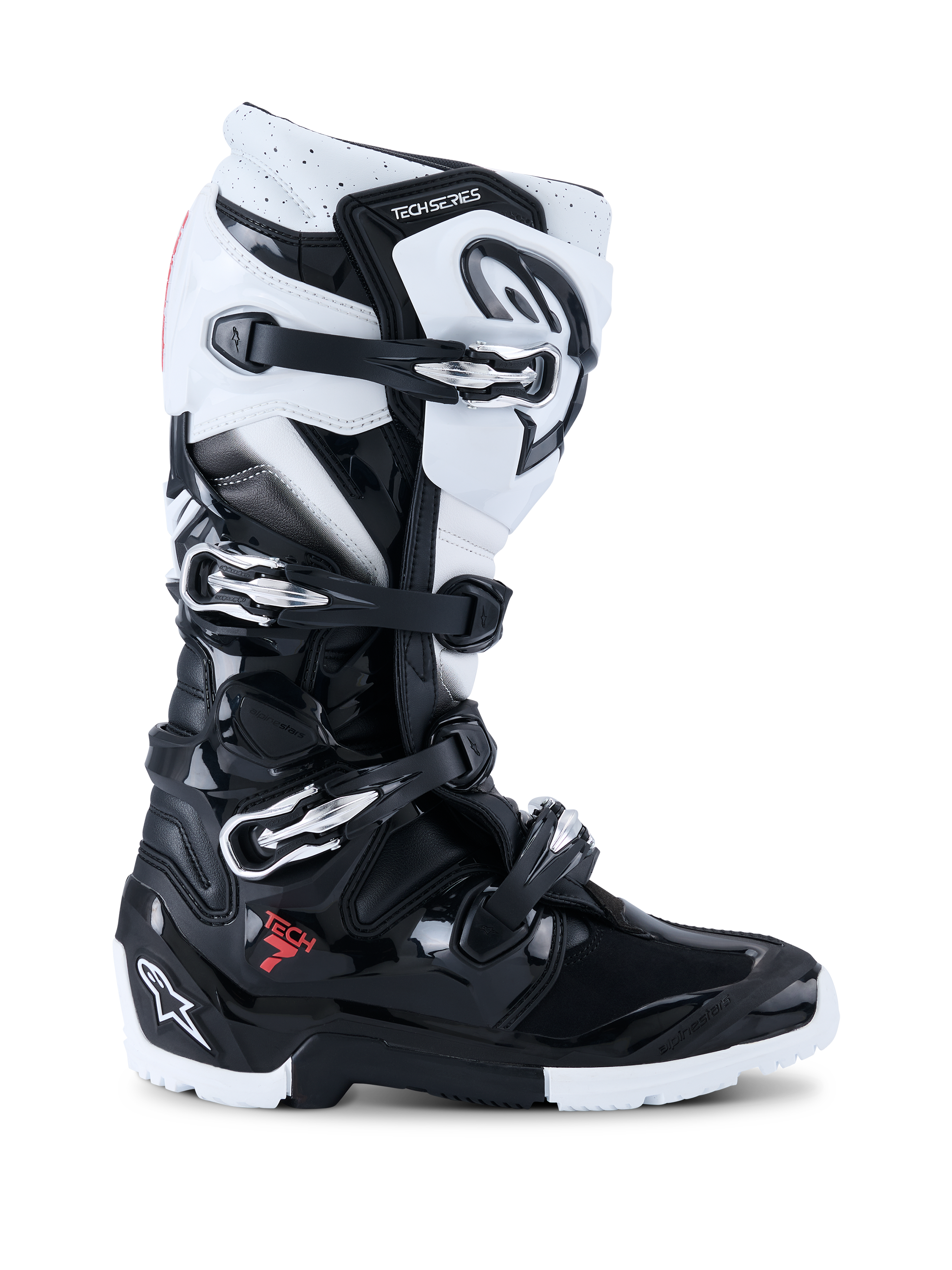 Alpinestars 2026 Tech 7 Enduro Boots, Off-Road Motorcycle Boots, Black and White, featuring four metallic buckles, high-impact TPU protection panels, rugged dual-compound sole, and bold Alpinestars branding on the heel and shin