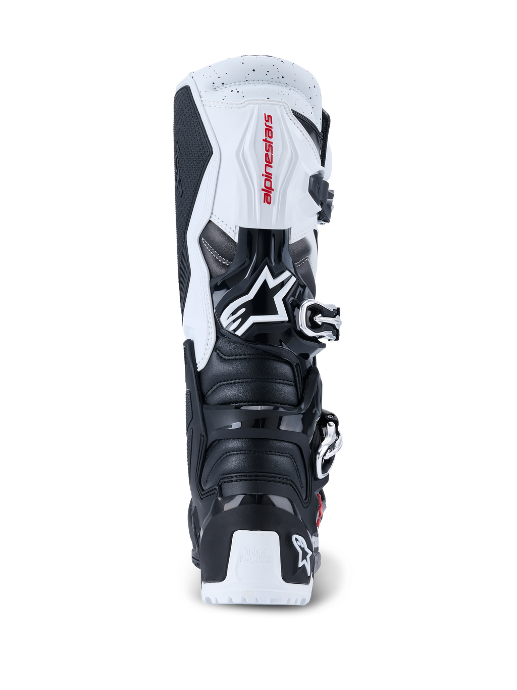 Alpinestars 2026 Tech 7 Enduro Boots, Motocross and Enduro Boots, Black and White, rear view showing TPU protective plates on the heel and calf, red Alpinestars branding on white upper panel, and silver buckle closure system, designed for high-performance off-road riding.