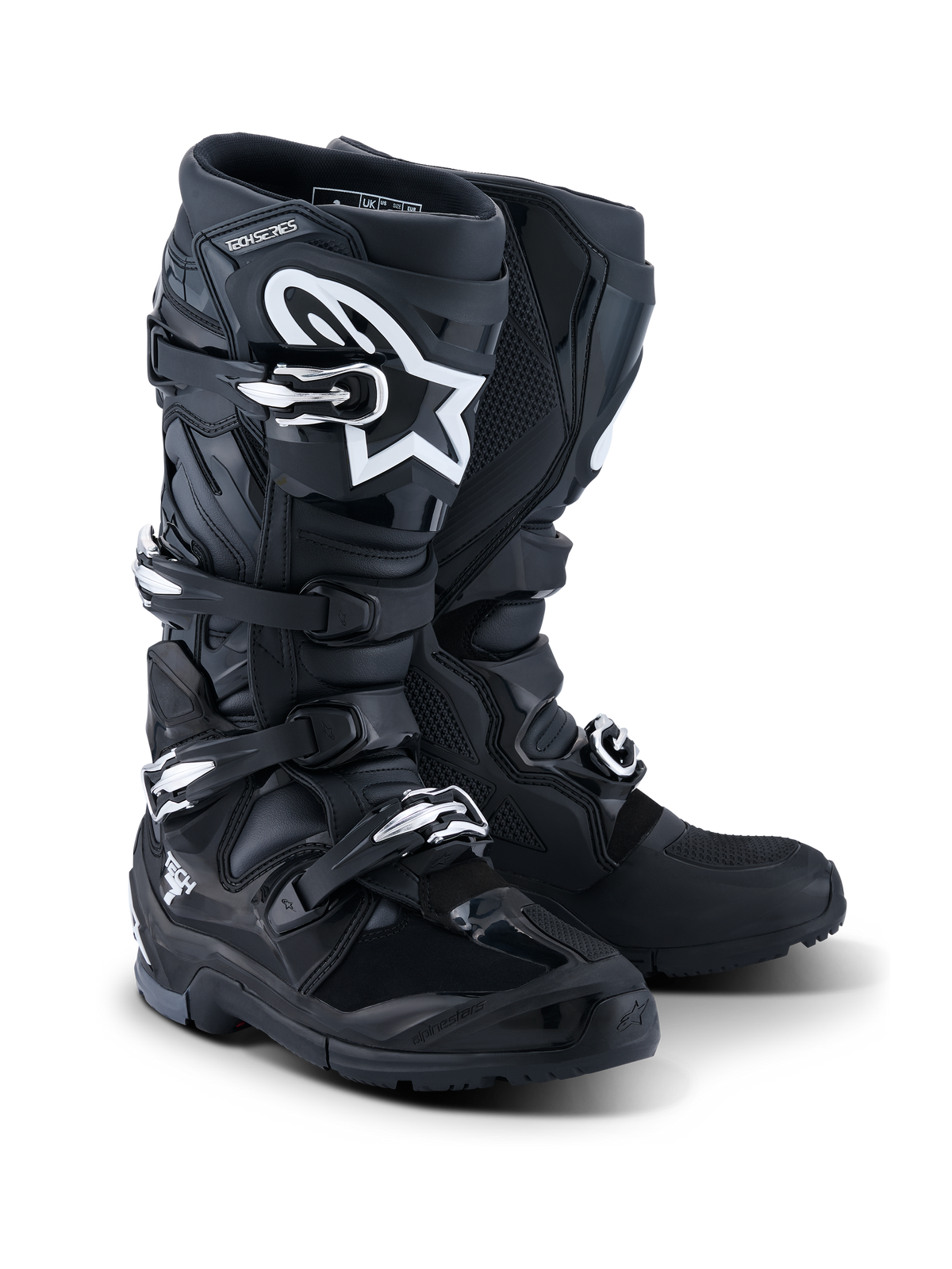 Alpinestars 2026 Tech 7 Enduro-stövlar, endurostövlar för motorcykel, svart antracit och vit, med ett stängningssystem med fyra spännen, vit A-star-logotyp på skenbensplattan, robust dubbelsammansatt sula för grepp i terräng