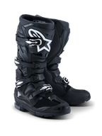 Alpinestars 2026 Tech 7 Enduro-stövlar, endurostövlar för motorcykel, svart antracit och vit, med ett stängningssystem med fyra spännen, vit A-star-logotyp på skenbensplattan, robust dubbelsammansatt sula för grepp i terräng