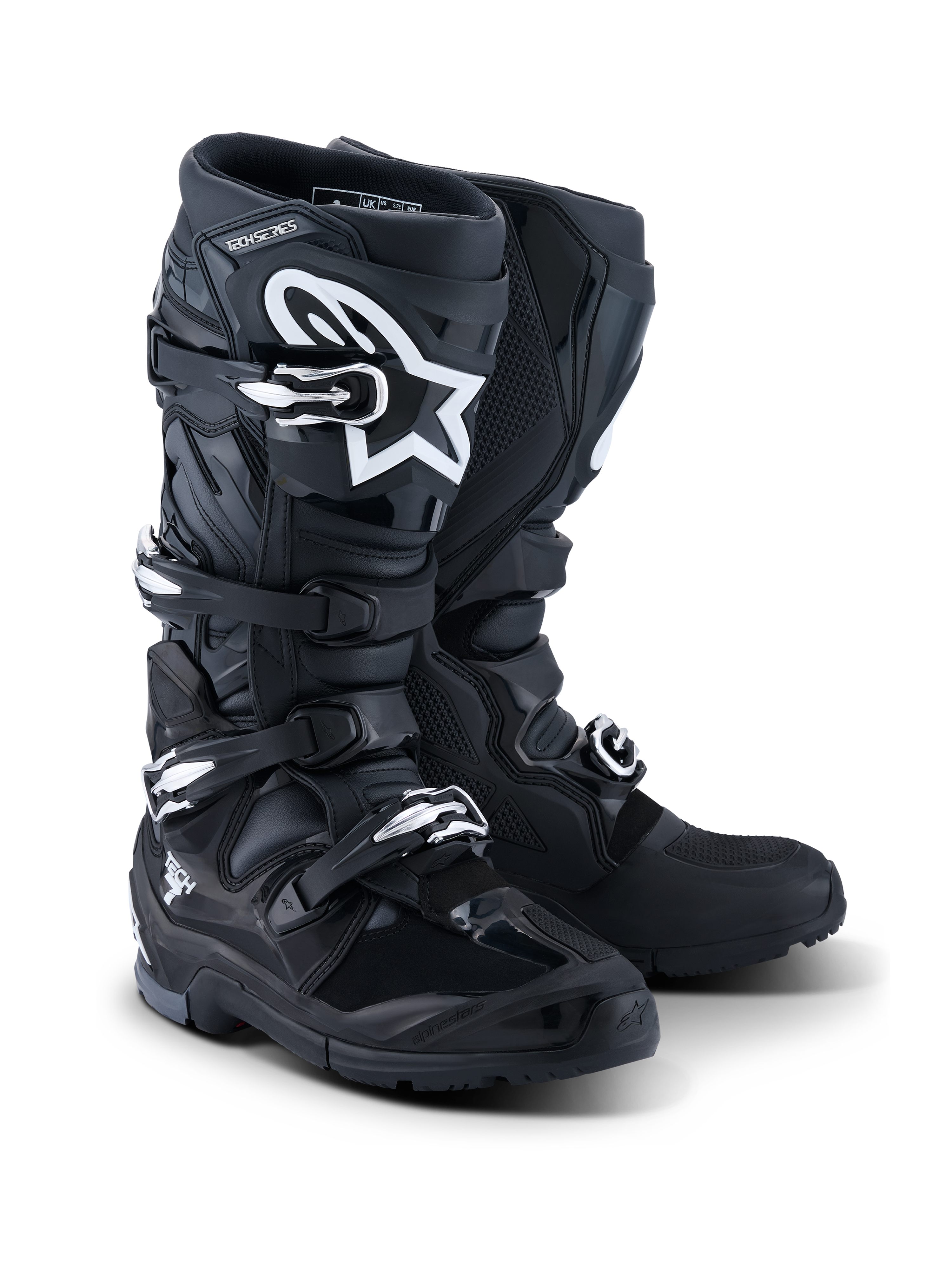 Alpinestars 2026 Tech 7 Enduro-stövlar, endurostövlar för motorcykel, svart antracit och vit, med ett stängningssystem med fyra spännen, vit A-star-logotyp på skenbensplattan, robust dubbelsammansatt sula för grepp i terräng