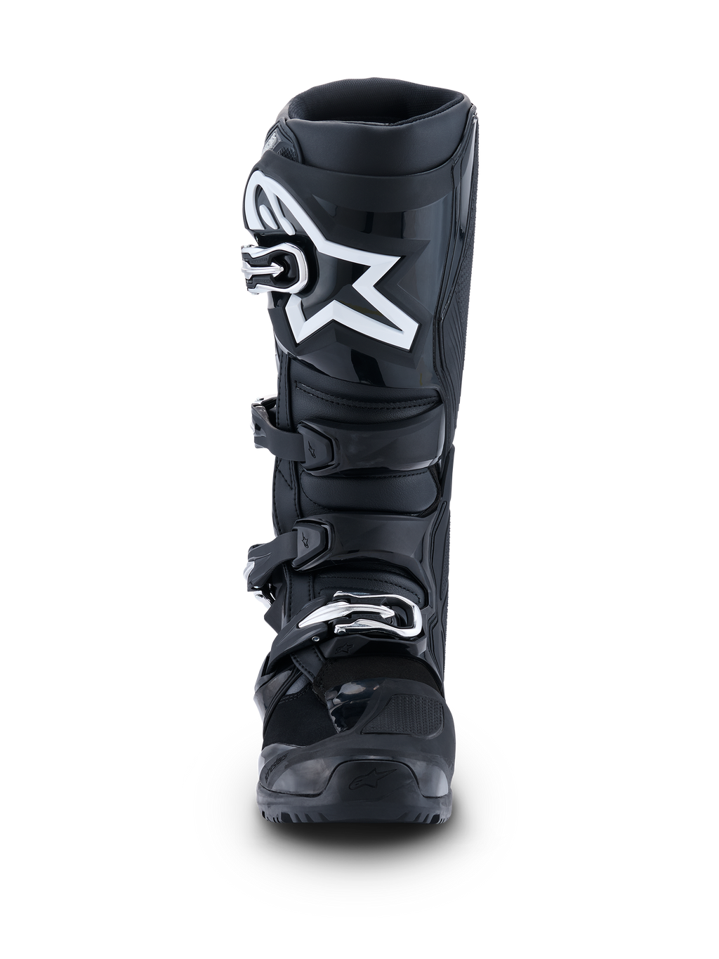 Alpinestars 2026 Tech 7 Enduro-stövlar, svarta med antracitgrå och vita detaljer, frontvy med en framträdande vit stjärnlogotyp på skenbensplattan, snabböppnande fyrspännessystem och förstärkt skyddskonstruktion för enduro- och terrängkörning