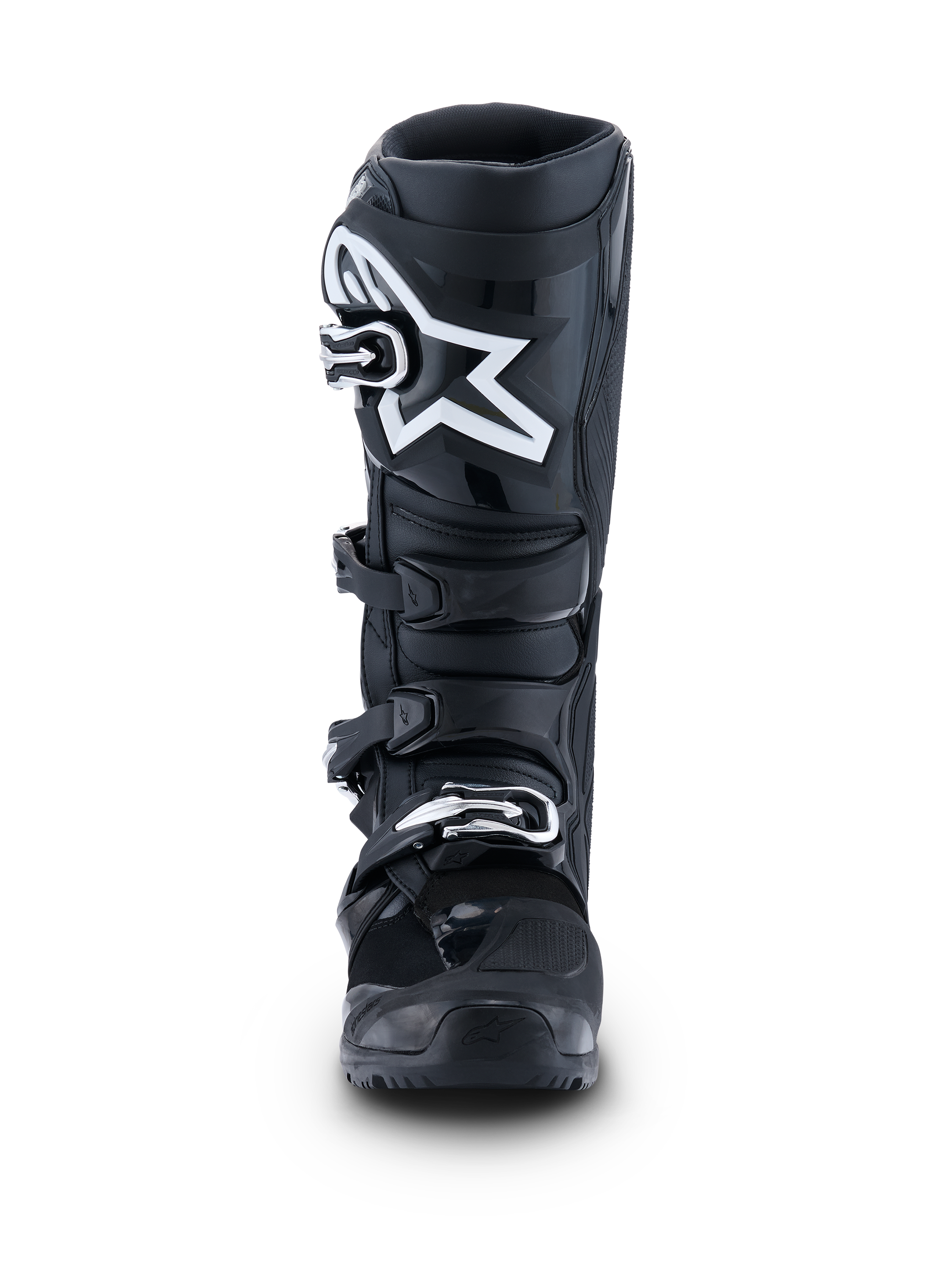 Alpinestars 2026 Tech 7 Enduro-stövlar, svarta med antracitgrå och vita detaljer, frontvy med en framträdande vit stjärnlogotyp på skenbensplattan, snabböppnande fyrspännessystem och förstärkt skyddskonstruktion för enduro- och terrängkörning