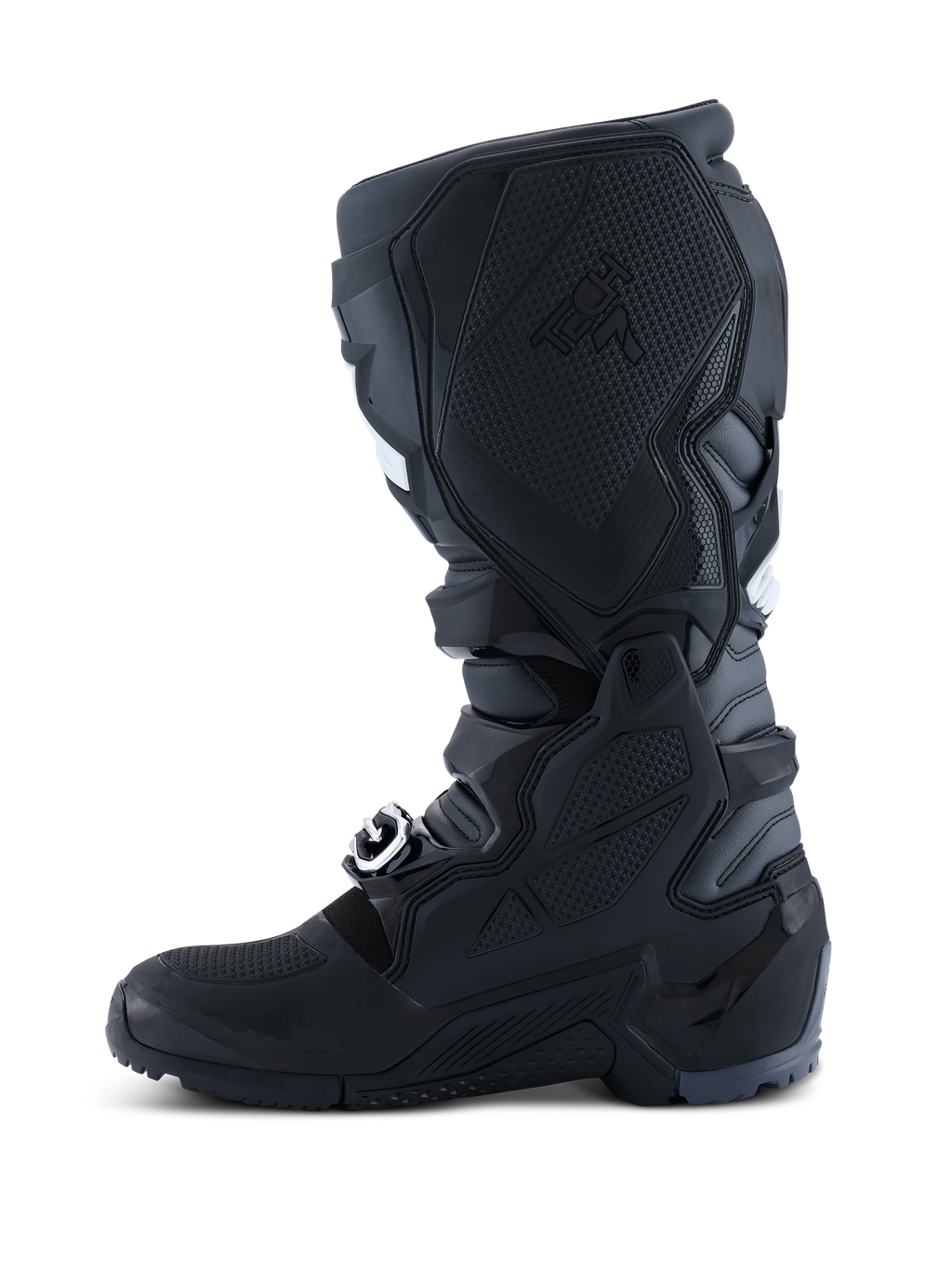 Alpinestars 2026 Tech 7 Enduro-stövlar, motocross- och endurostövlar, svarta, antracitgrå och vita, vy från insidan som visar den texturerade TPU-panelen för kontakt med motorcykeln, robust dubbelsammansatt sula och hållbar konstruktion i mikrofiber