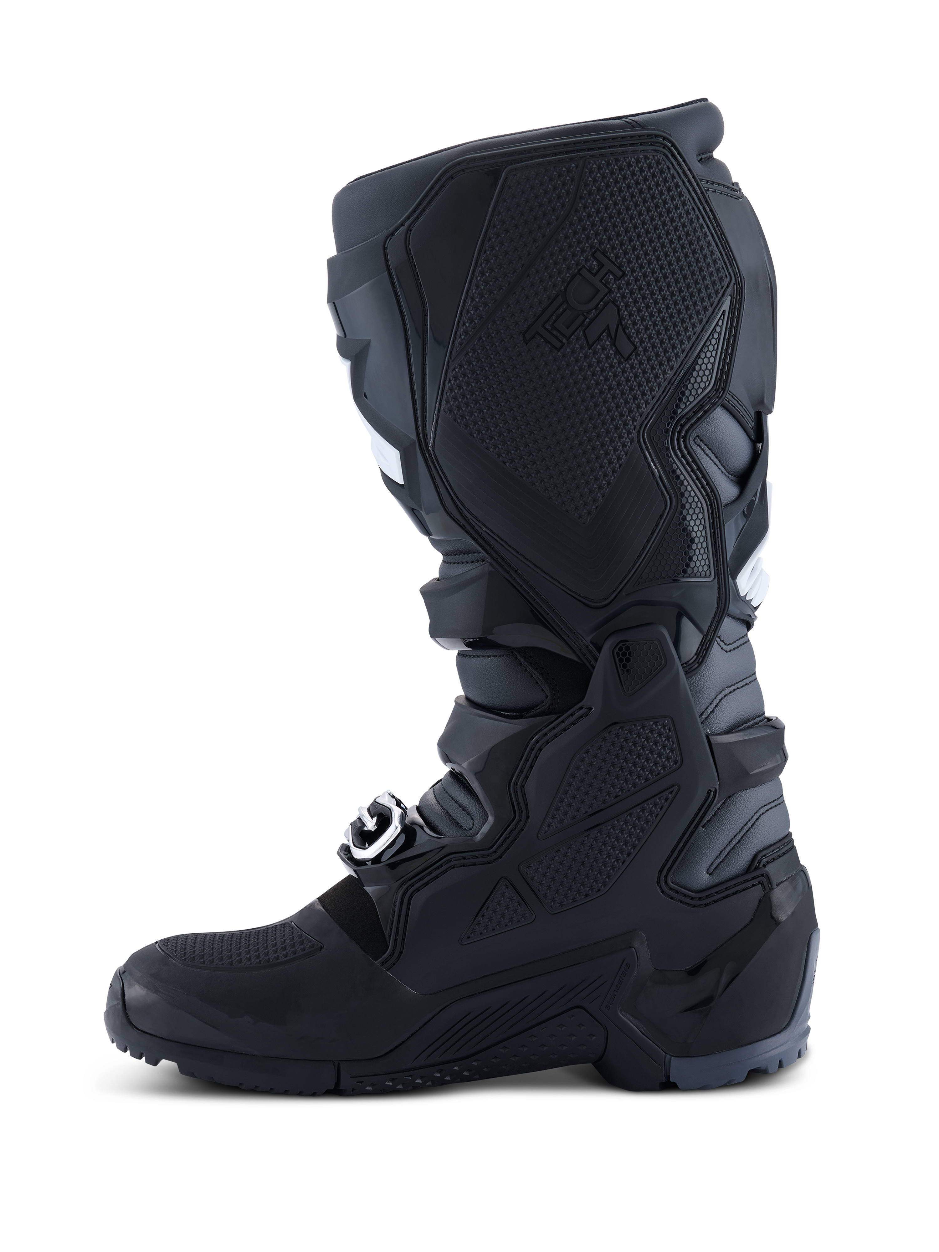 Alpinestars 2026 Tech 7 Enduro-stövlar, motocross- och endurostövlar, svarta, antracitgrå och vita, vy från insidan som visar den texturerade TPU-panelen för kontakt med motorcykeln, robust dubbelsammansatt sula och hållbar konstruktion i mikrofiber