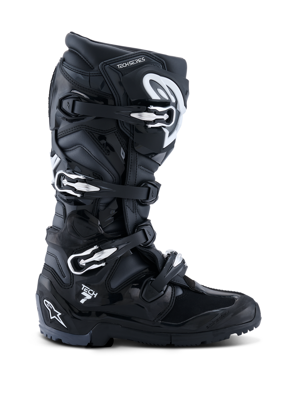 Alpinestars 2026 Tech 7 Enduro-stövlar, svarta, antracitgrå och vita, specialiserade offroad-motorcykelstövlar med ett stängningssystem med fyra spännen, slitstark PU-förstärkt mikrofiberovandel och en robust grovmönstrad sula för enduroterräng, stilren design med tydlig Tech 7-logotyp på hälen.