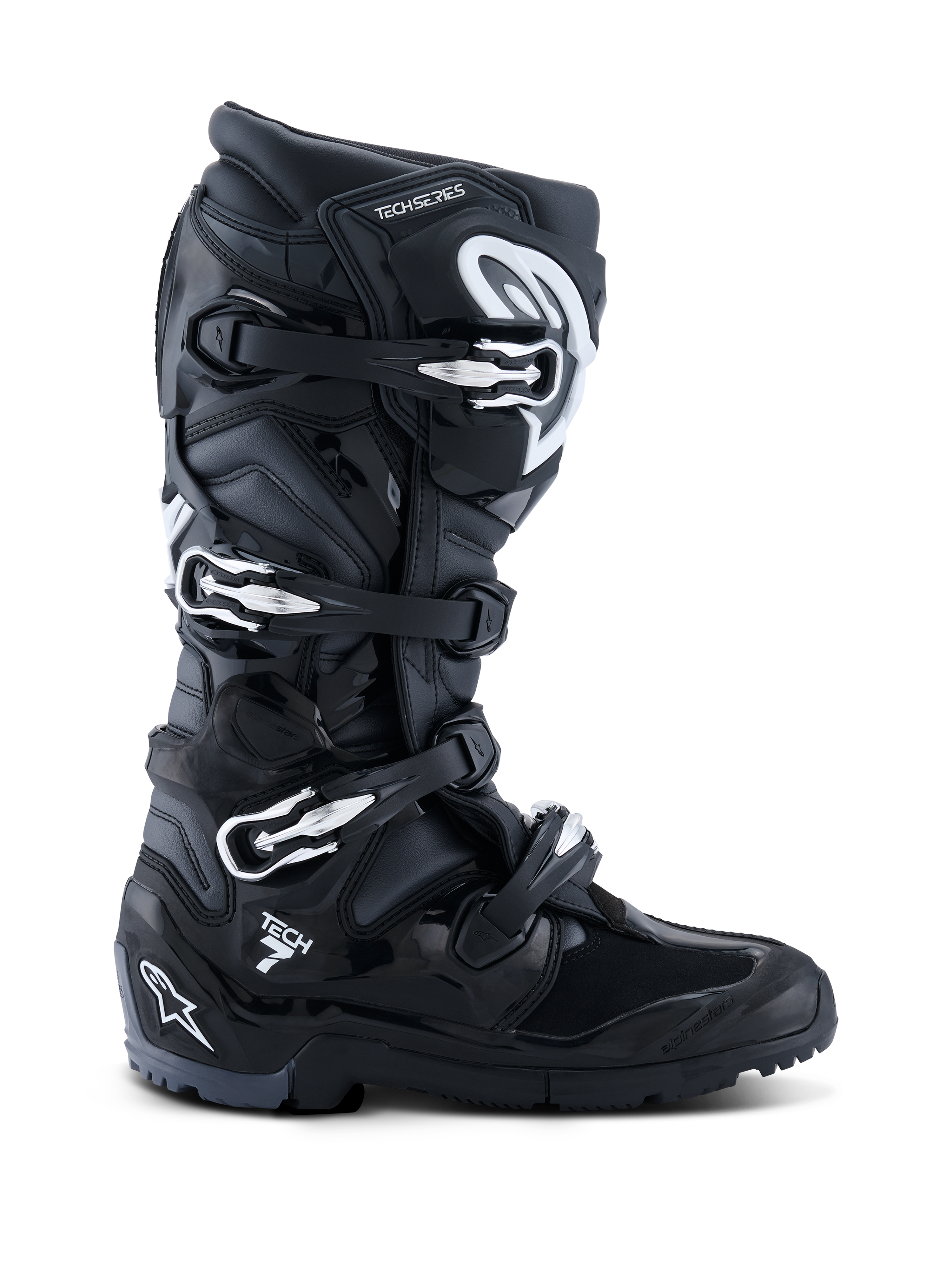Alpinestars 2026 Tech 7 Enduro-stövlar, svarta, antracitgrå och vita, specialiserade offroad-motorcykelstövlar med ett stängningssystem med fyra spännen, slitstark PU-förstärkt mikrofiberovandel och en robust grovmönstrad sula för enduroterräng, stilren design med tydlig Tech 7-logotyp på hälen.